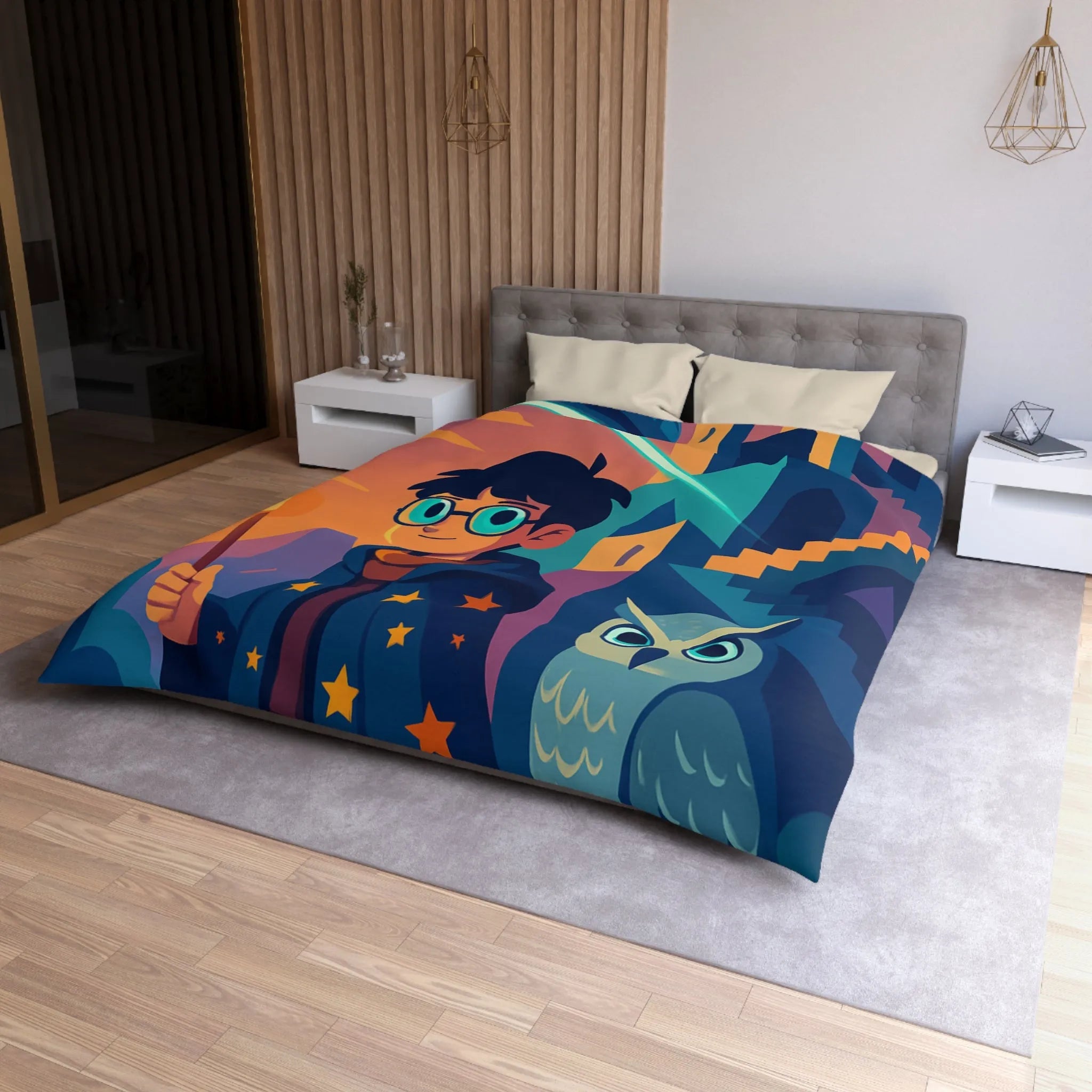 Housse de couette magique avec motif de garçon sorcier et hibou lumineux