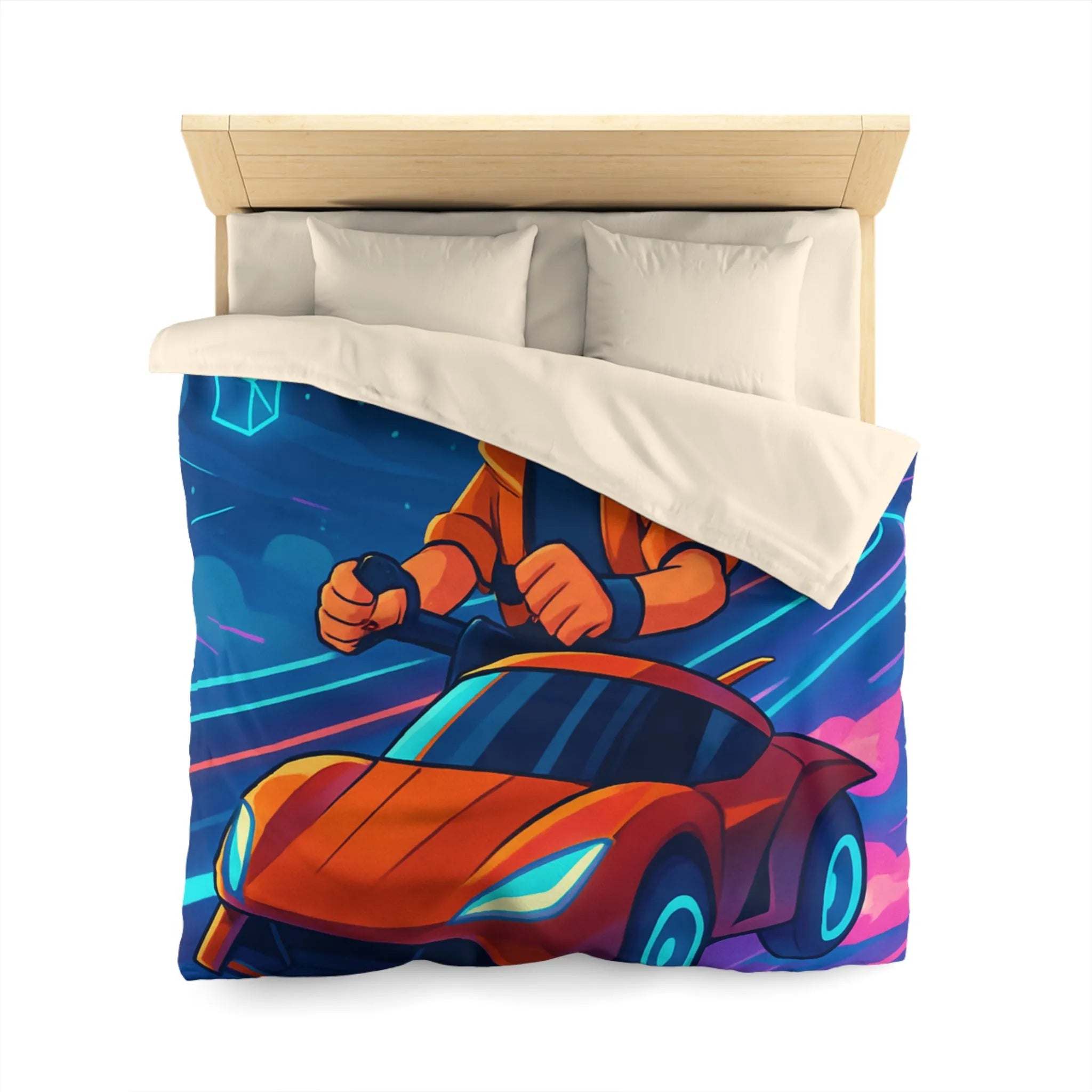 Housse de couette aventure virtuelle : joueur futuriste avec voiture de course dynamique et colorée