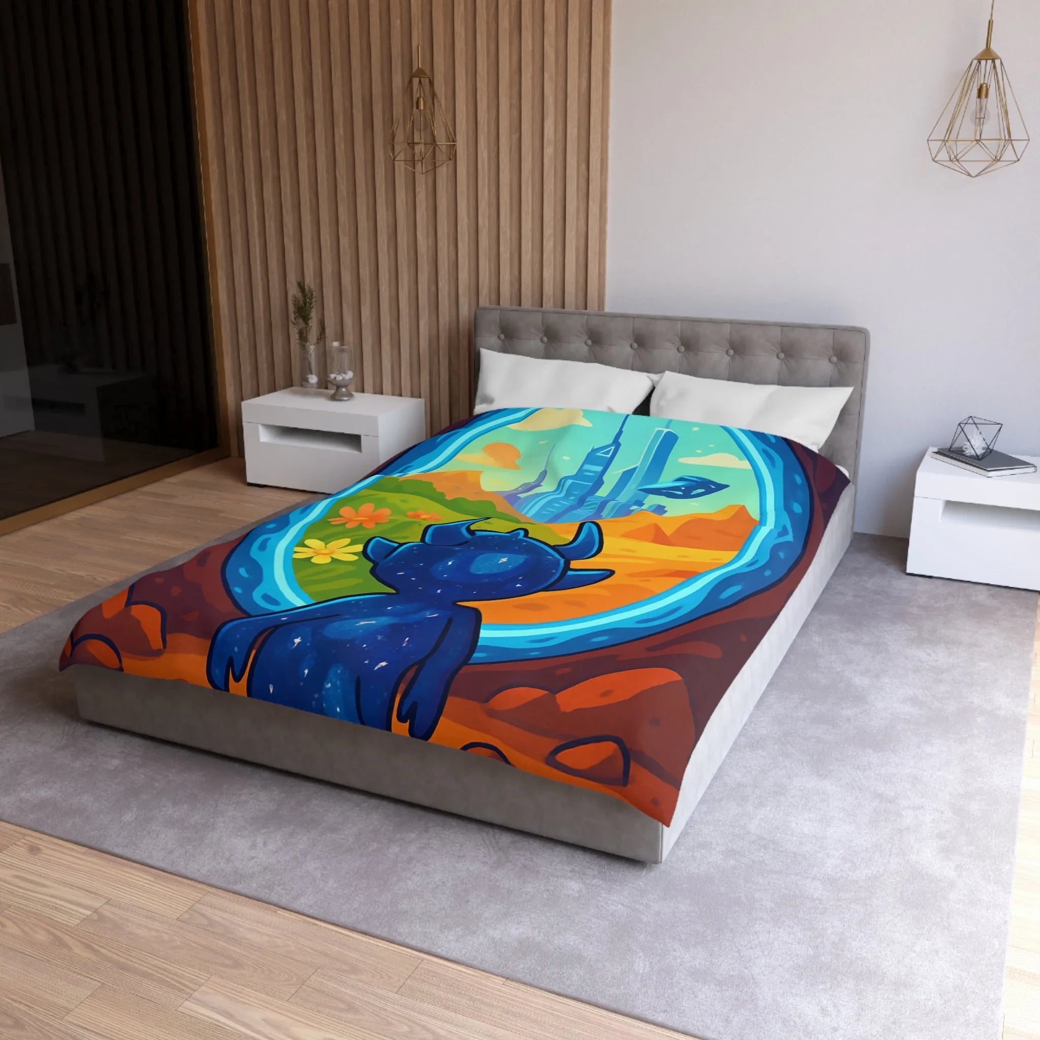 Housse de couette colorée avec créature cosmique et paysage futuriste magique