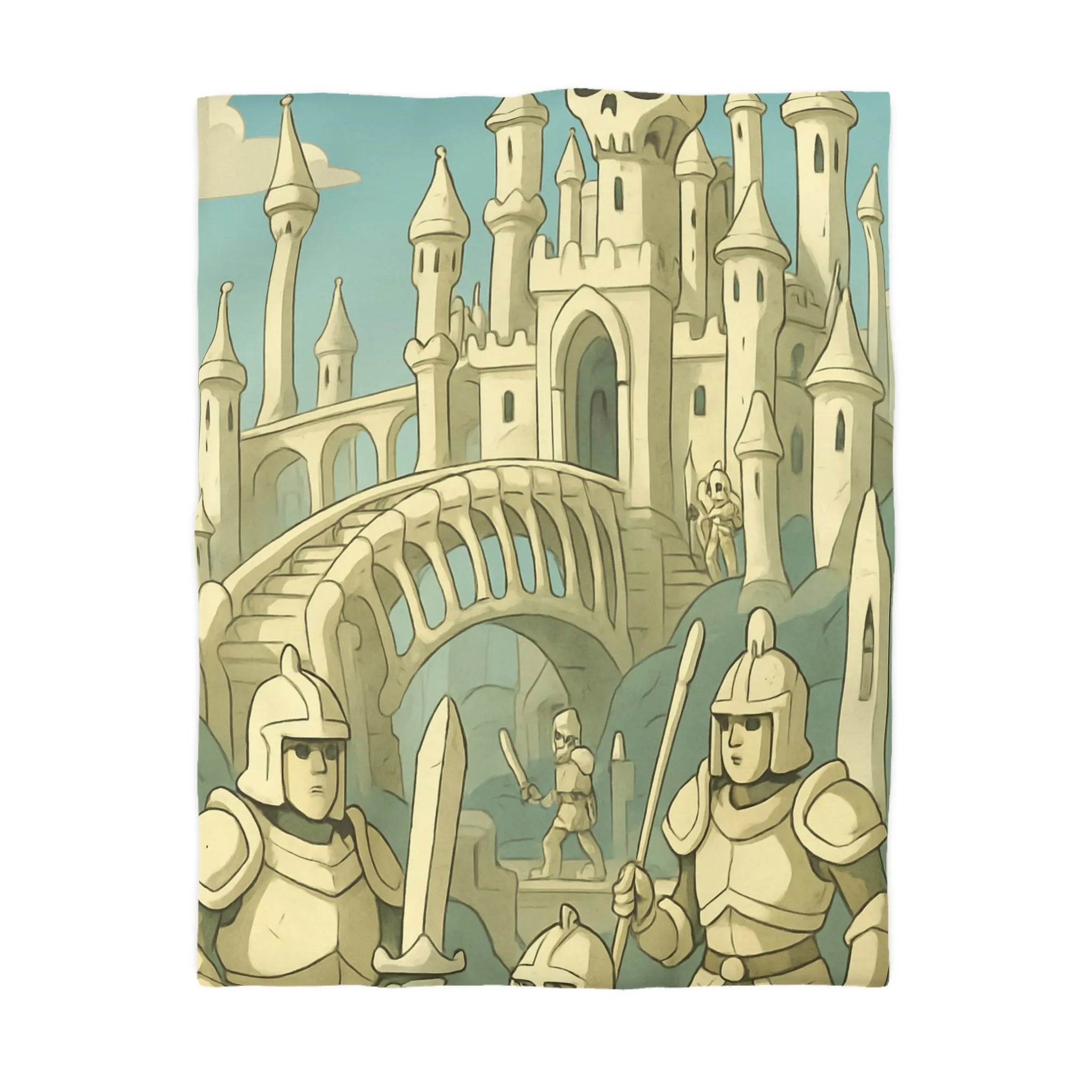 Housse de couette médiévale illustrée avec château crâne et chevaliers en armure