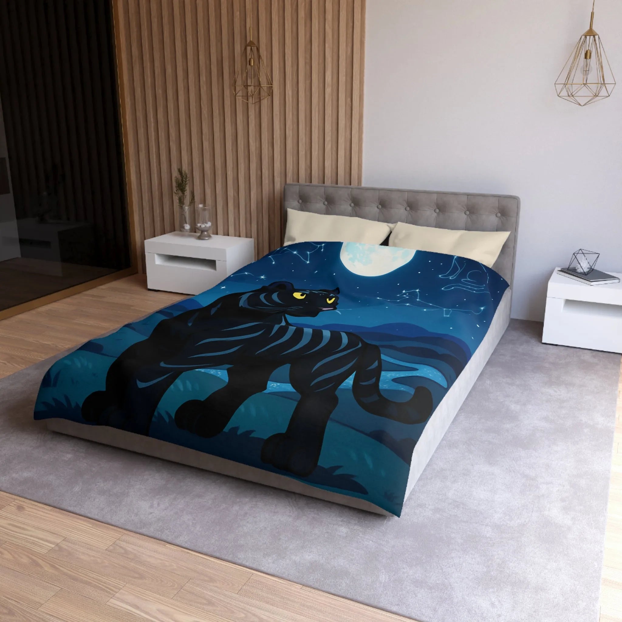 Housse de couette étoilée : Chat noir constellé sous une pleine lune éclatante