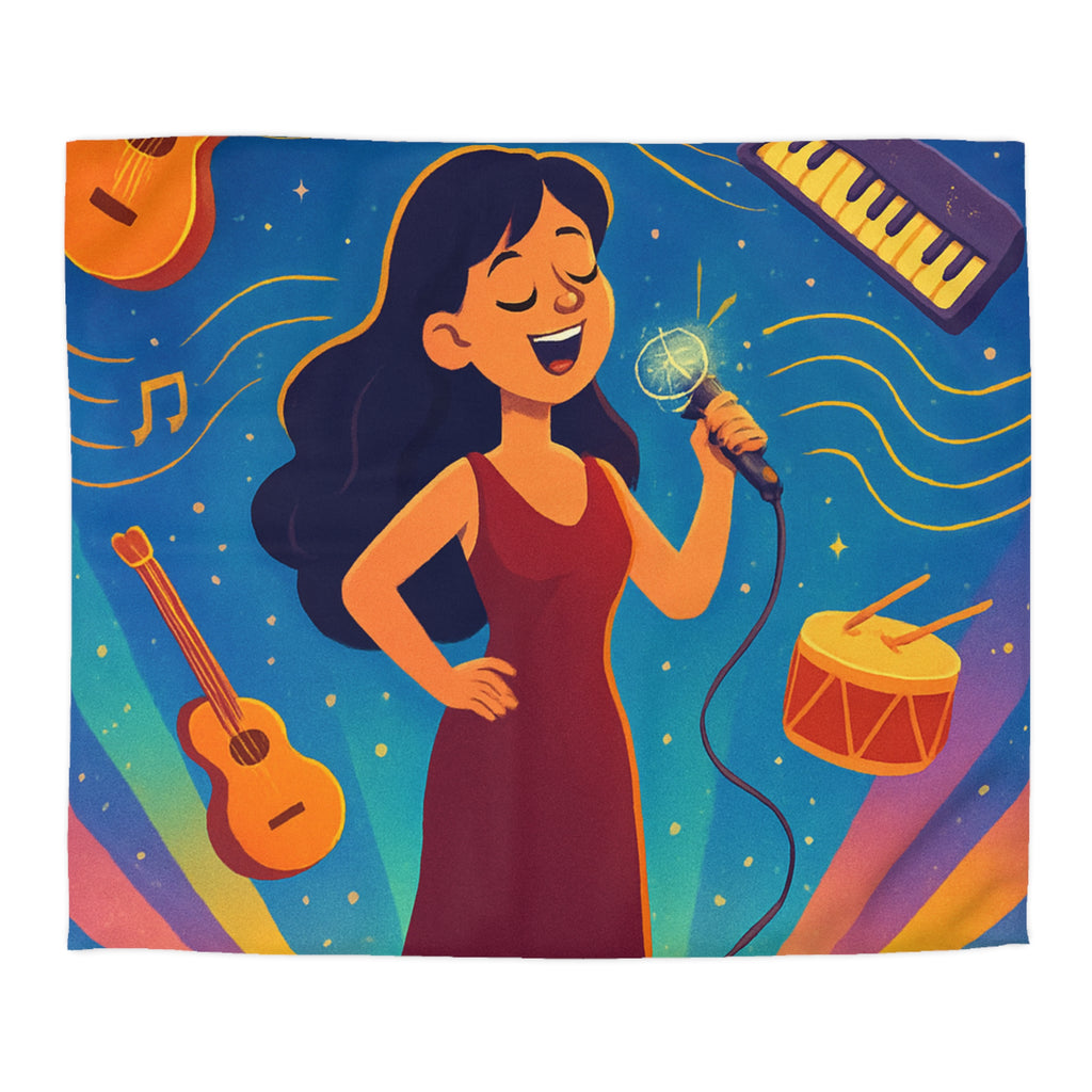 Housse de couette vibrante avec scène musicale, chanteuse et instruments illustrés colorés