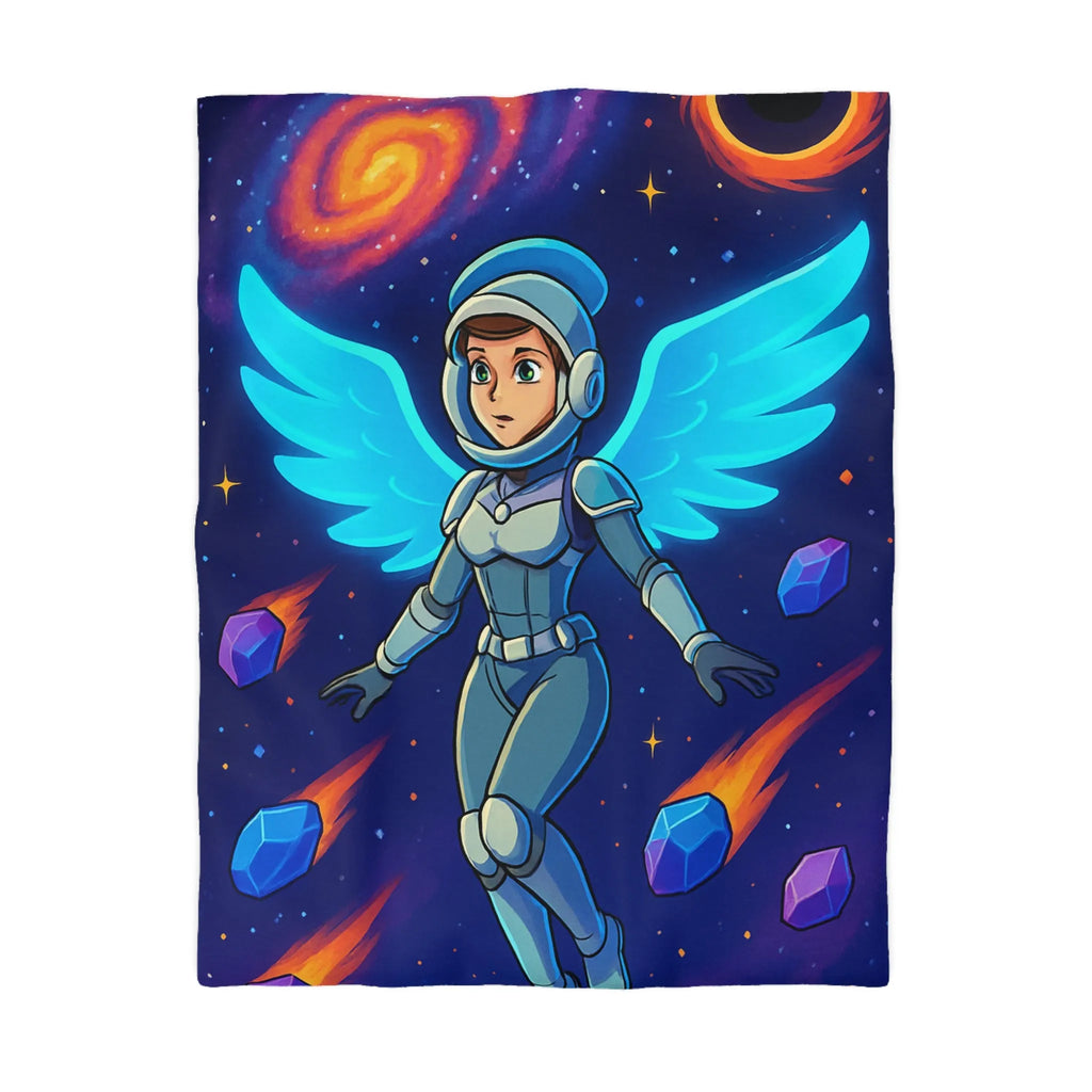 Housse de couette astronaute ailé dans l'espace avec étoiles et nébuleuses colorées