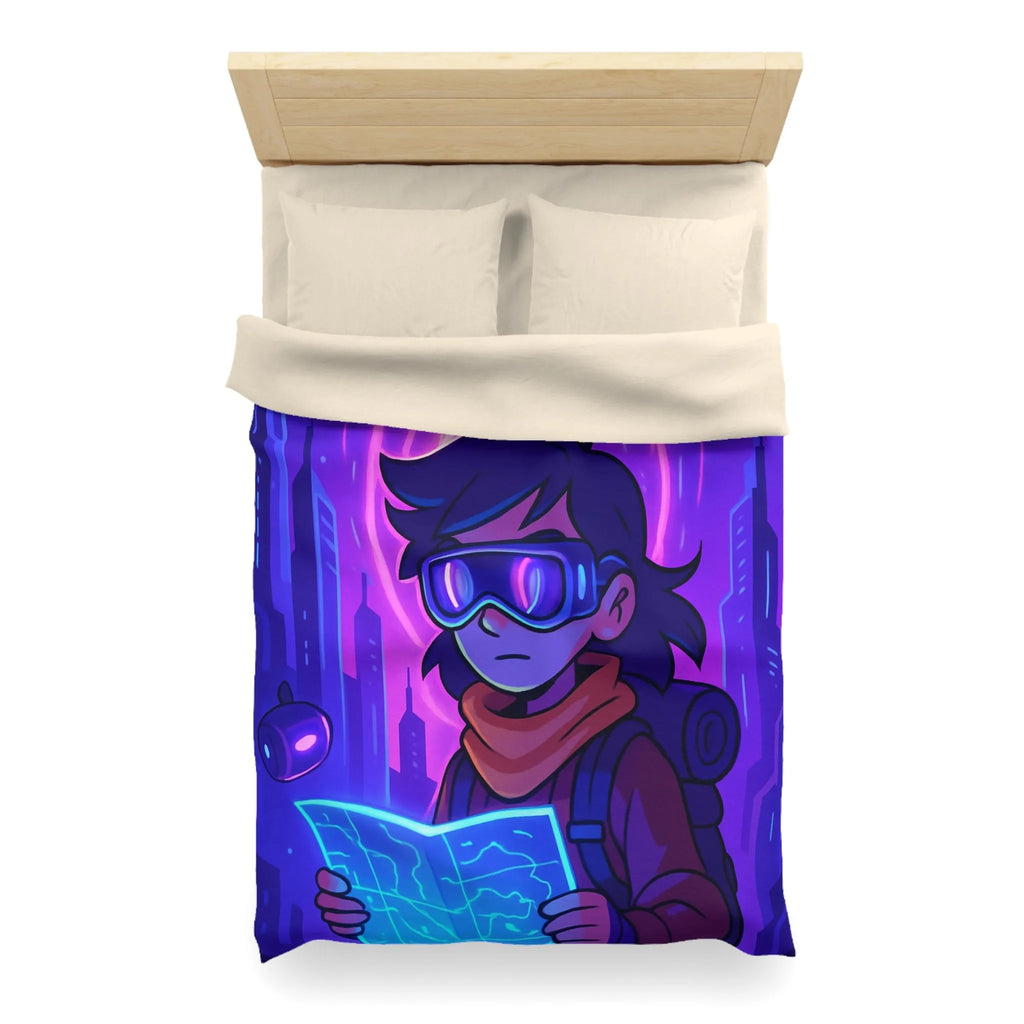 Housse de couette bleue violette style futuriste avec personnage et carte néon