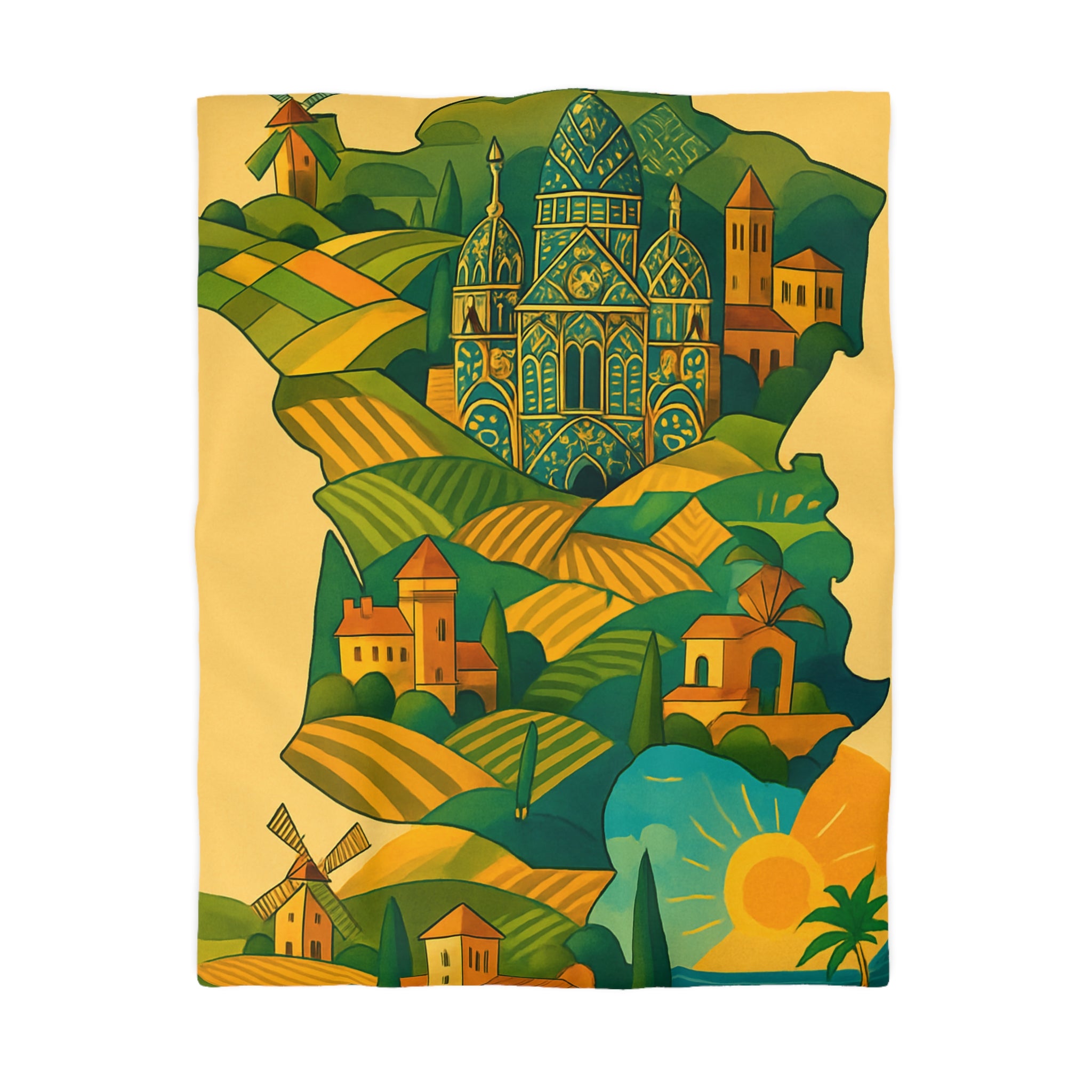 Housse de Couette Paysage France Vintage Coloré avec Monuments, Champs et Soleil