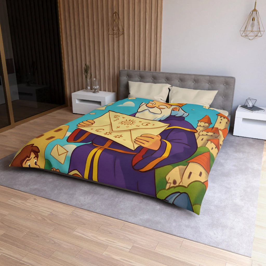 Housse de couette joyeuse avec roi médiéval et château féerique pour enfants