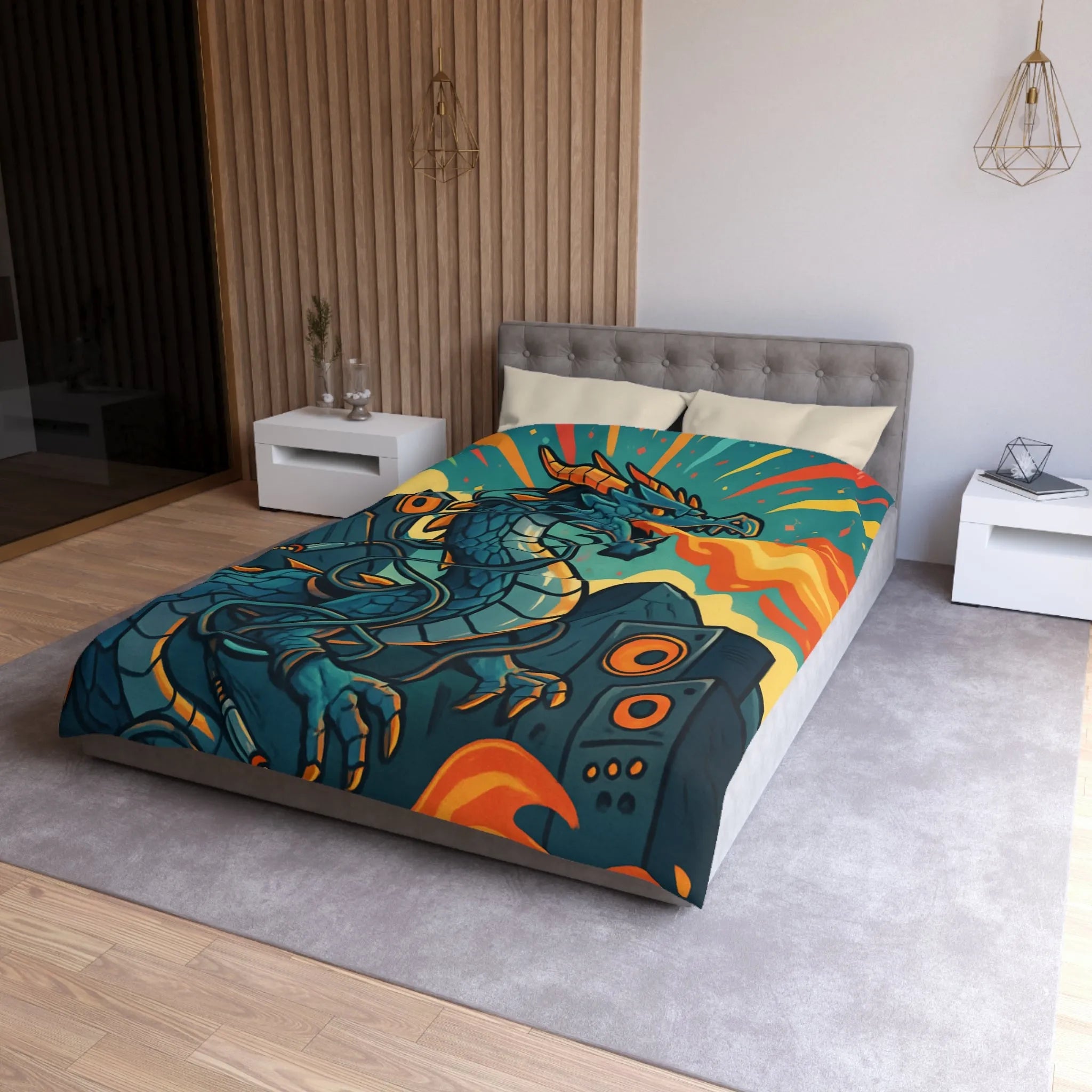 Housse de couette avec dragon fantaisie émettant flammes et musique vibrante rétro