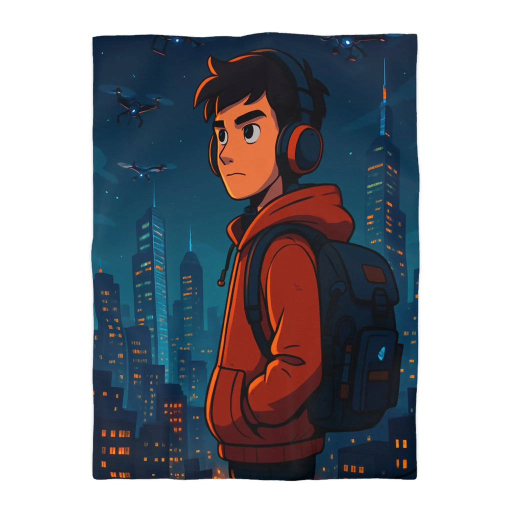 Housse de couette ado moderne nocturne avec personnage urbain et drones dans le ciel