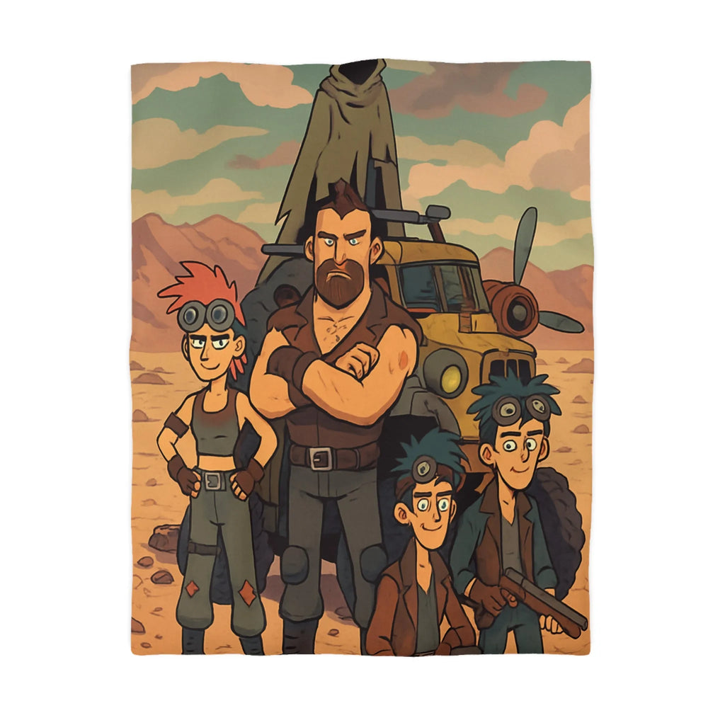 Housse de couette aventure désertique avec personnages et véhicule, style post-apocalyptique