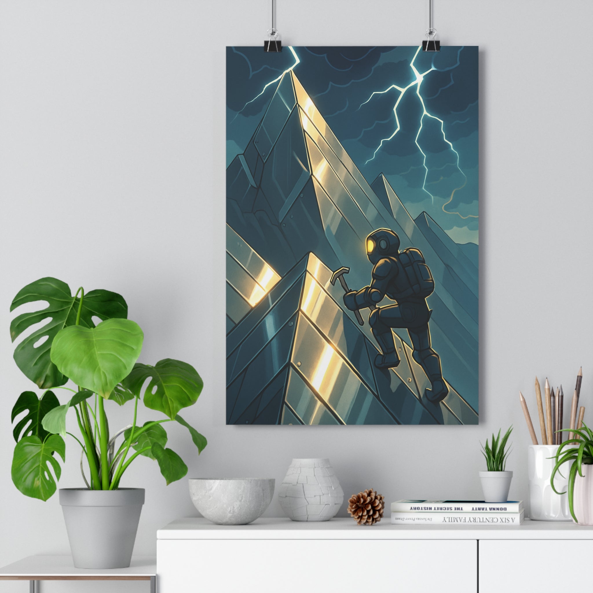 Poster décoratif aventure épique exploration dessin animé montagne métallique ciel orageux bleu gris bureau