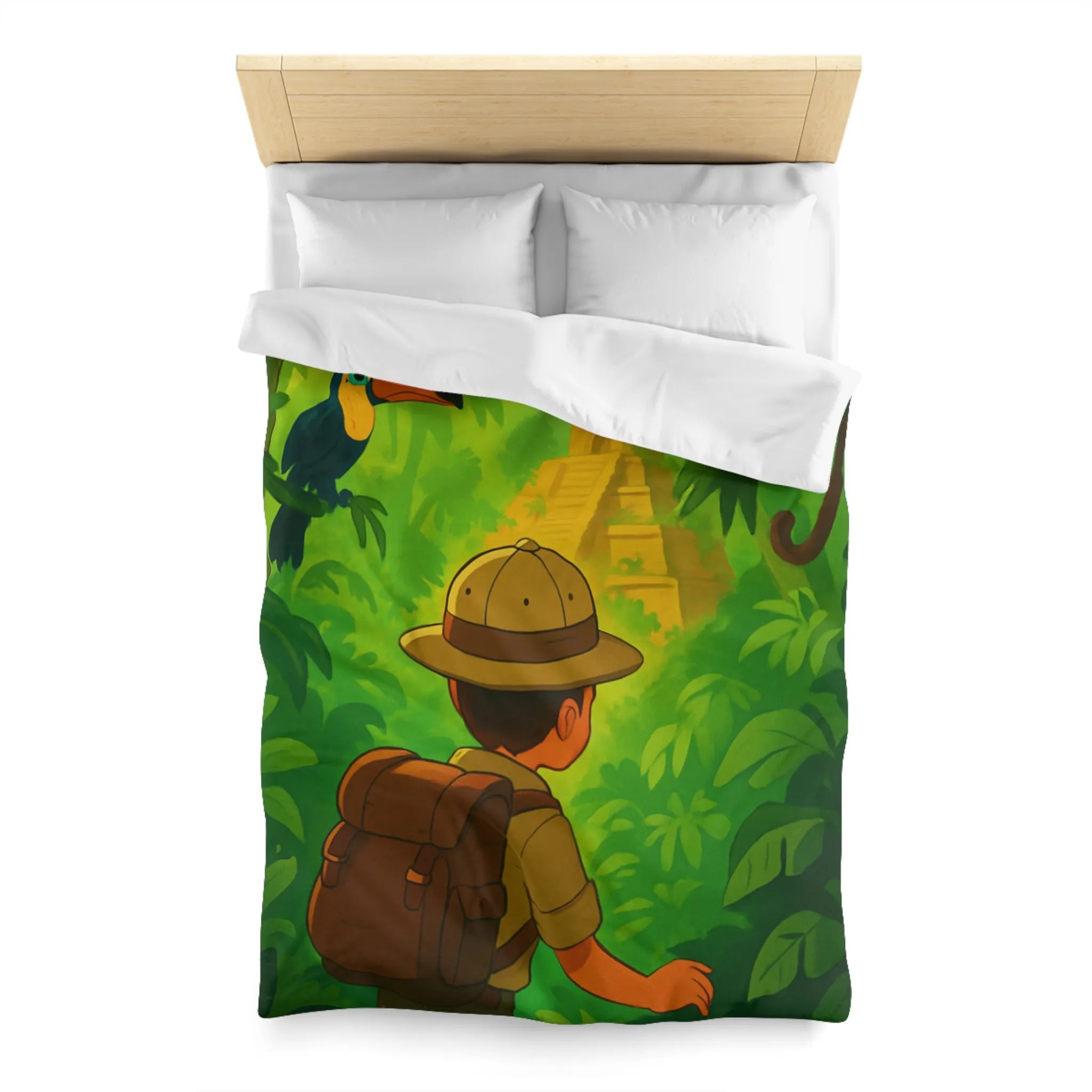 Housse de couette jungle avec aventurier, singe et toucan, ambiance explorateur