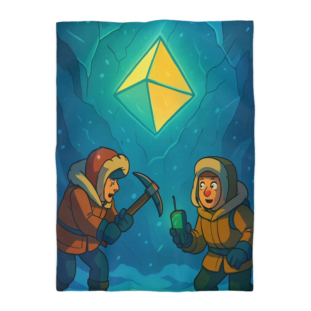 Explorez l'aventure polaire avec personnages découvrant joyau lumineux dans grotte mystérieuse