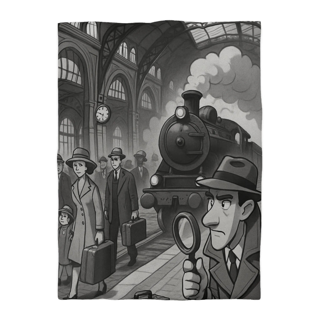 Élégante housse de couette rétro avec train à vapeur et ambiance mystérieuse noir et blanc