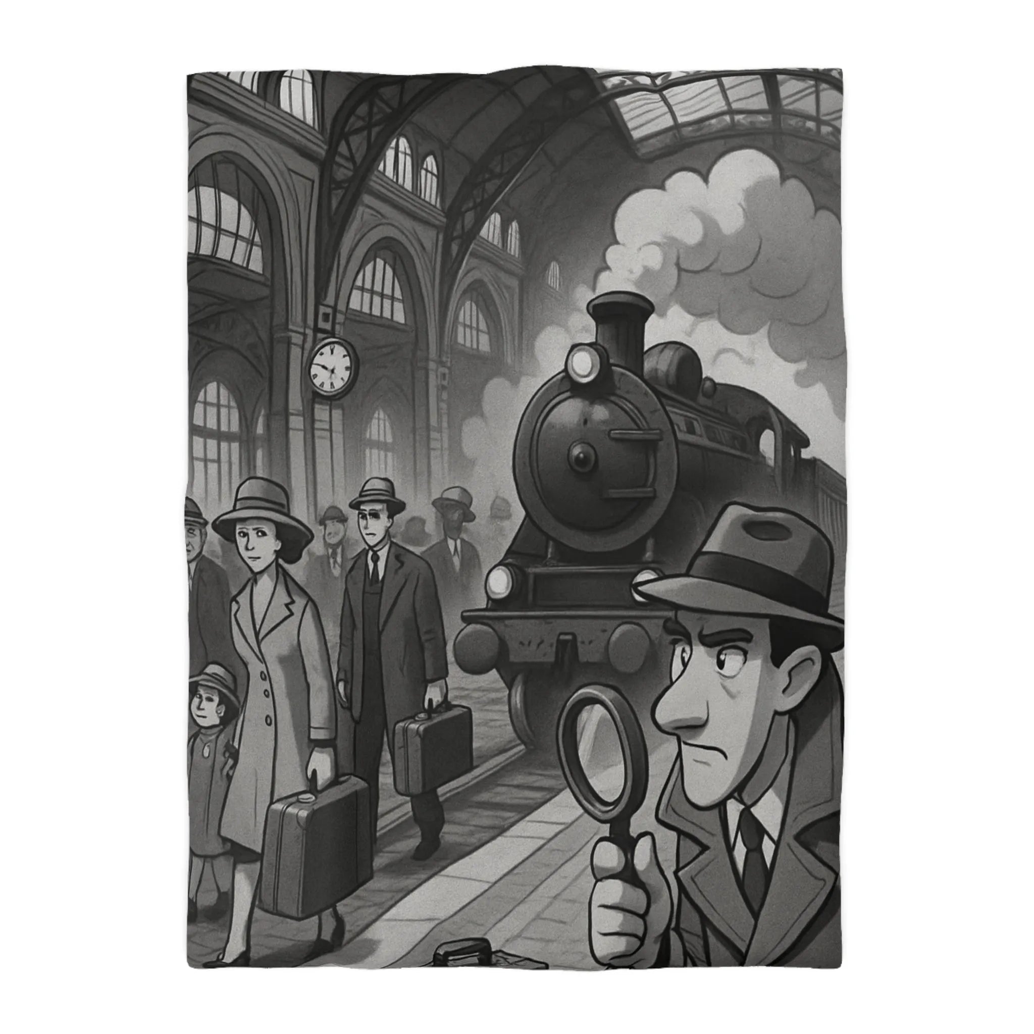 Élégante housse de couette rétro avec train à vapeur et ambiance mystérieuse noir et blanc