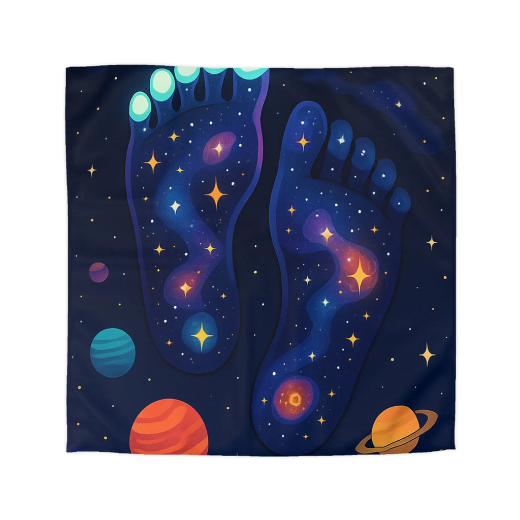 Housse de Couette Cosmos Enchanté avec Motifs de Pieds Galactiques Étincelants et Planètes