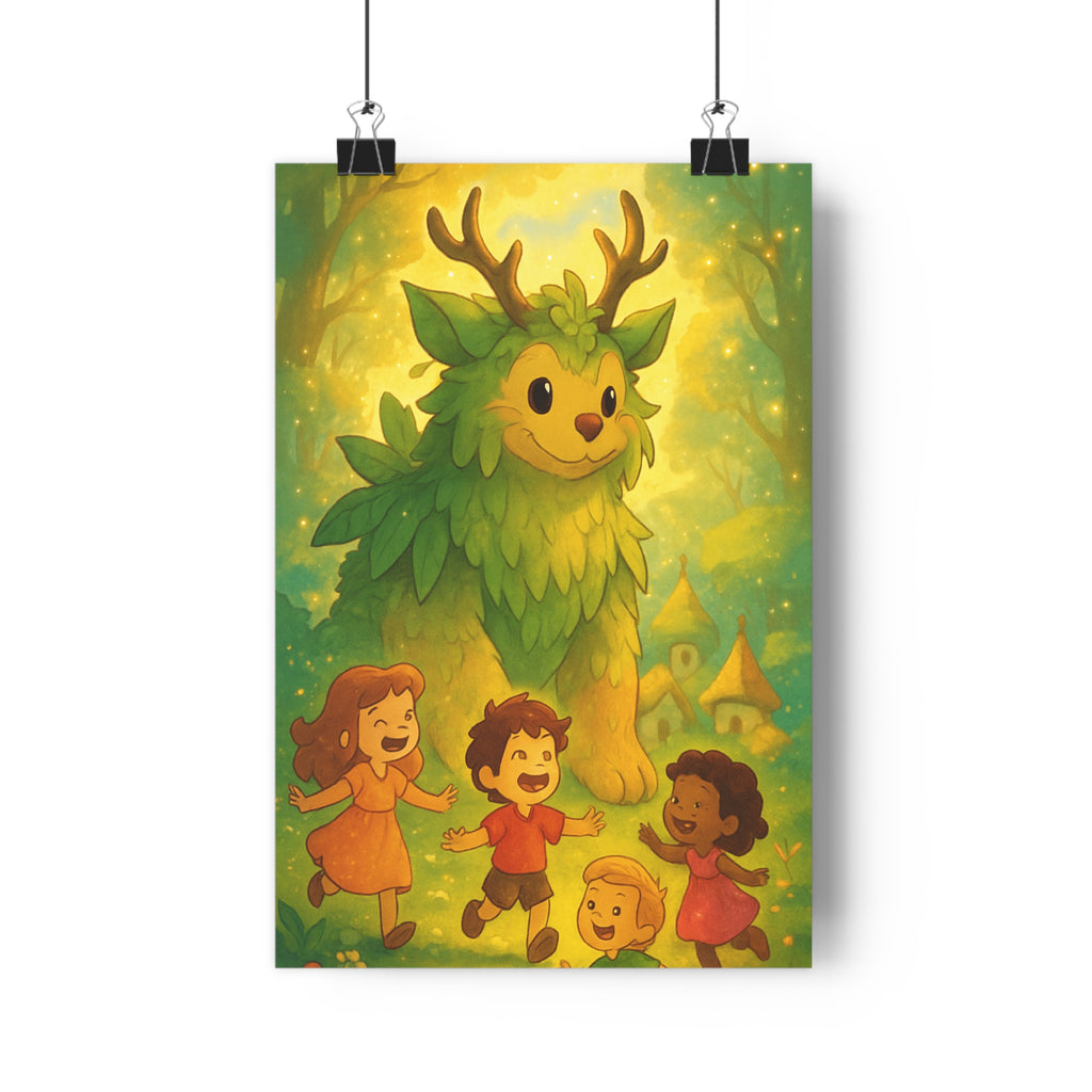 Poster décoratif cartoon enfants créature forêt vert jaune magique chambre ambiance rêveuse joyeuse fantaisie