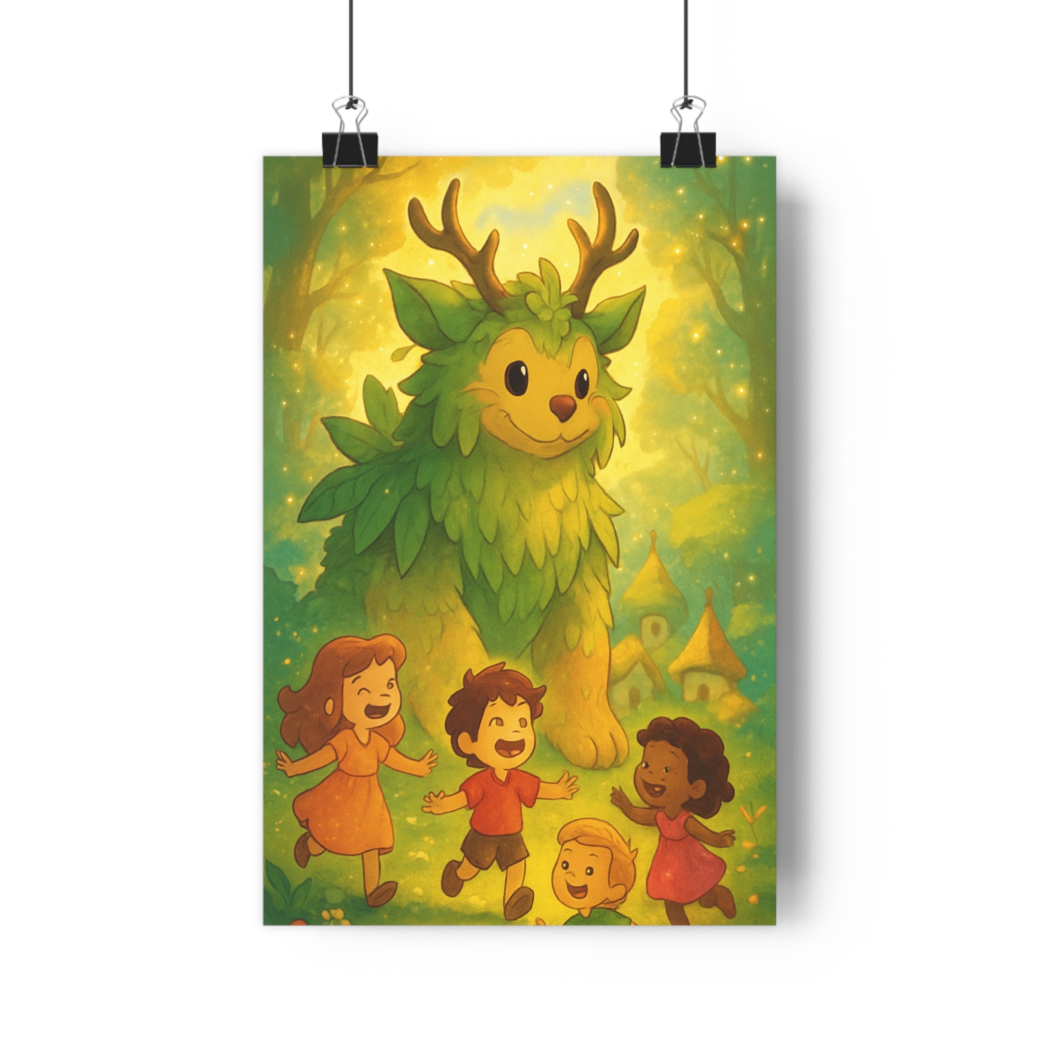Poster décoratif cartoon enfants créature forêt vert jaune magique chambre ambiance rêveuse joyeuse fantaisie