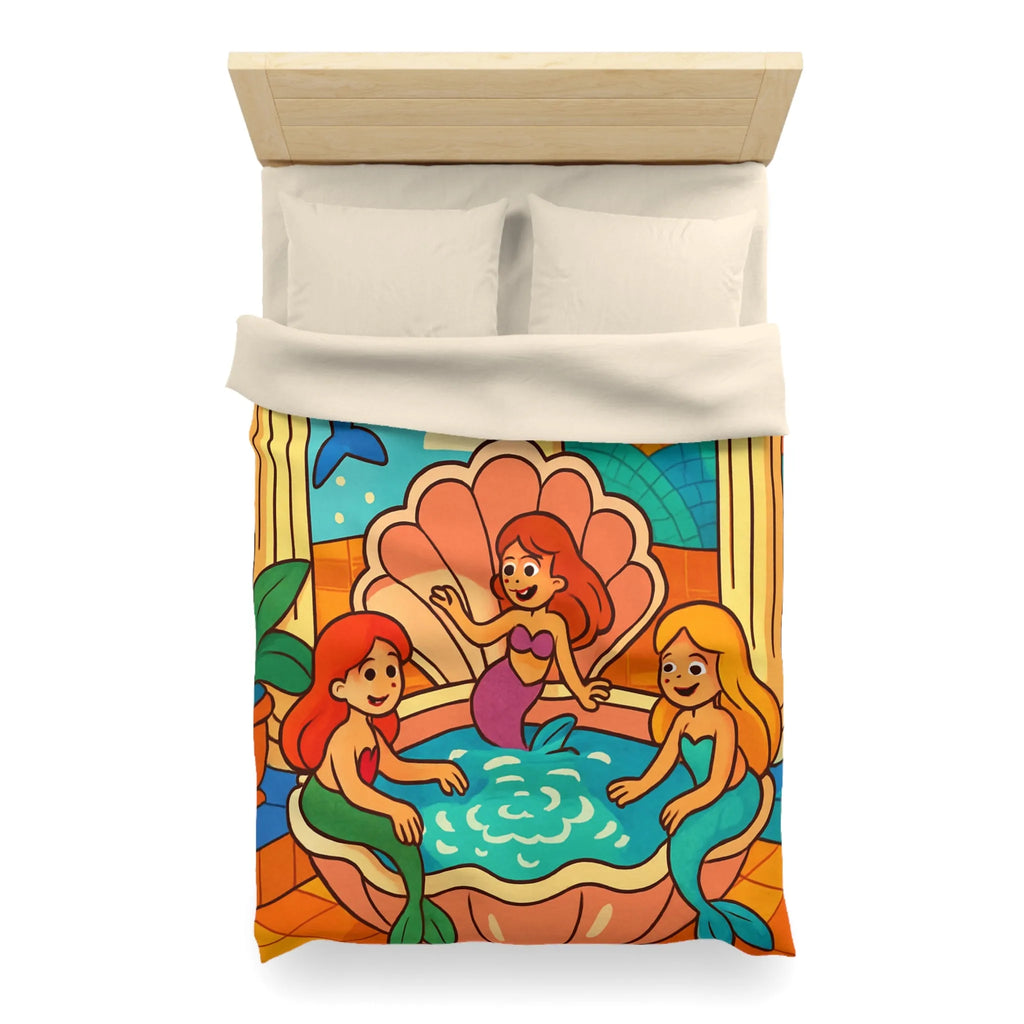 Housse de couette artistique avec sirènes joyeuses dans un coquillage, ambiance paradisiaque