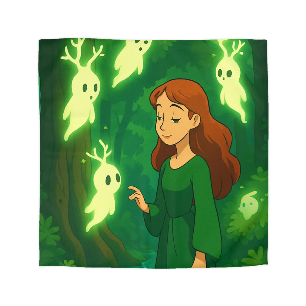 Housse de couette enchantée avec esprits lumineux dans une forêt mystérieuse et verdoyante