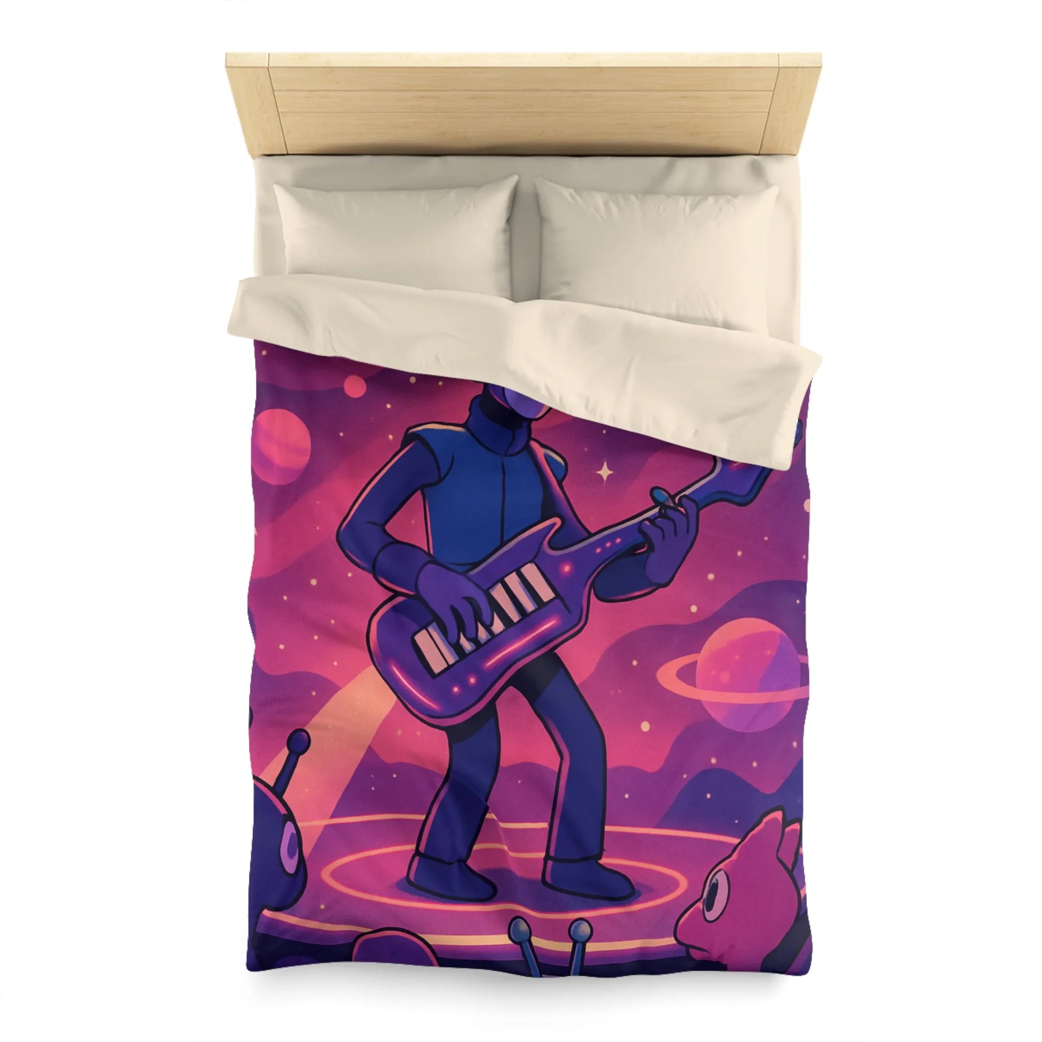 Housse de couette colorée avec astronaute jouant de la guitare dans l’espace cosmique magique