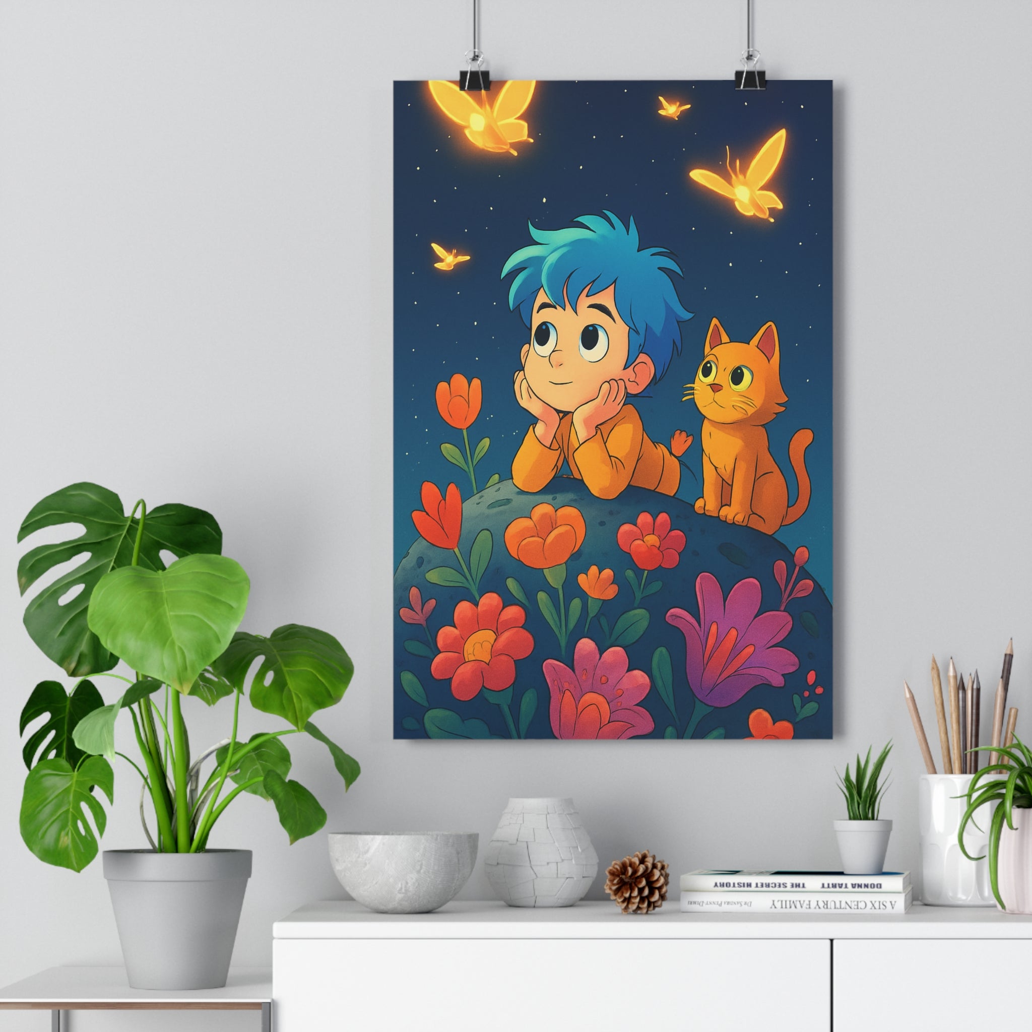 Poster décoratif animé cheveux bleus chat roux fleurs orange rose étoilé magique chambre enfant