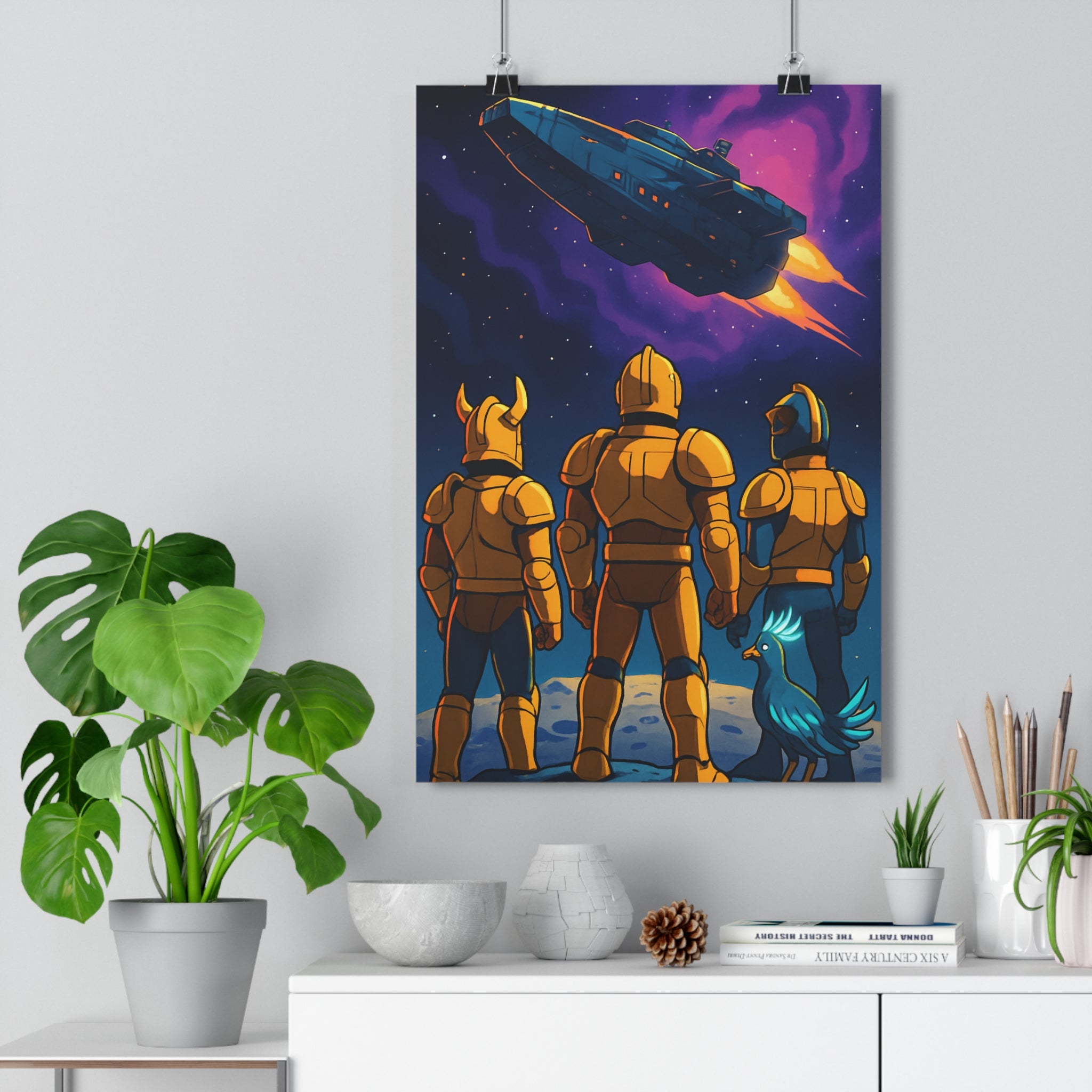 Poster décoratif armure futuriste oiseau bleu lumineux cartoon cosmique pastel chambre espace 30x46 cm