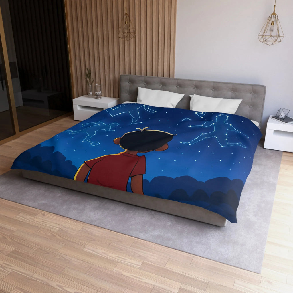Housse de couette étoilée avec enfant rêvant de football sous ciel constellé