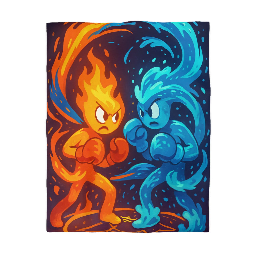 Housse de couette avec illustration dynamique de feu et eau s'affrontant