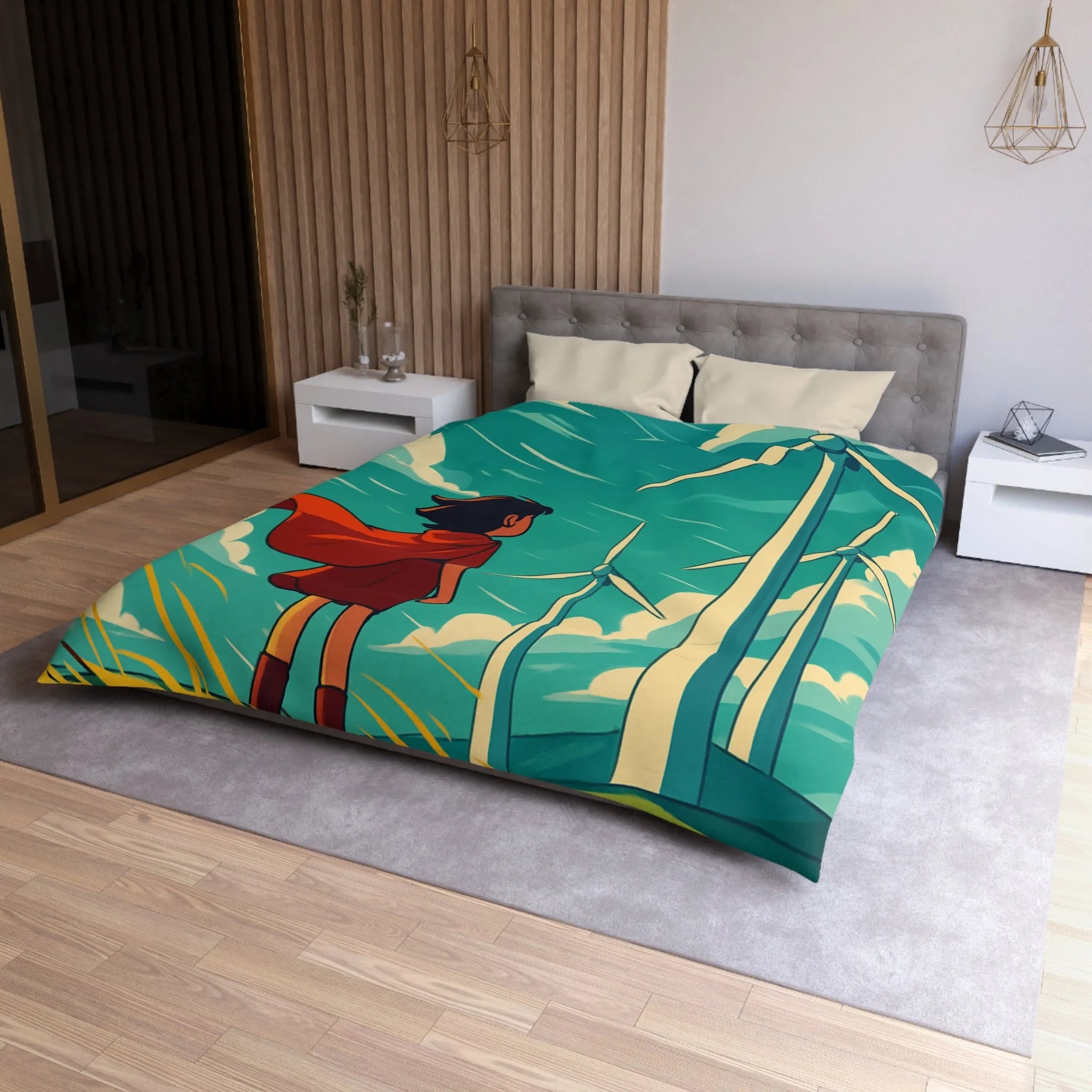 Housse de Couette Enfant avec Éoliennes et Paysage Venté Rouge et Bleu