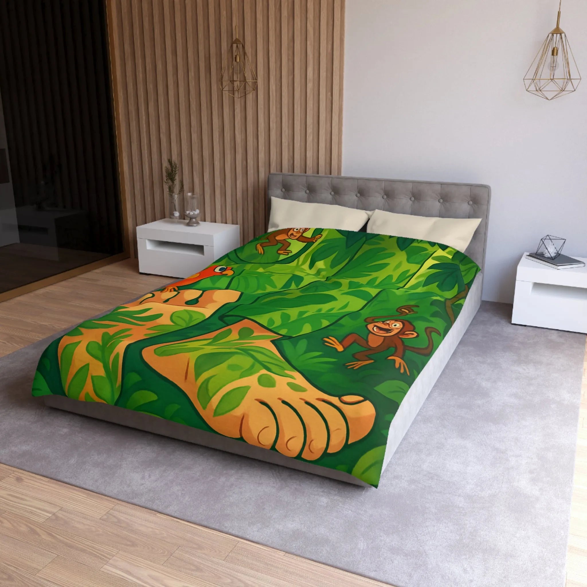 Housse de couette jungle colorée avec singes joyeux et perroquet exotique