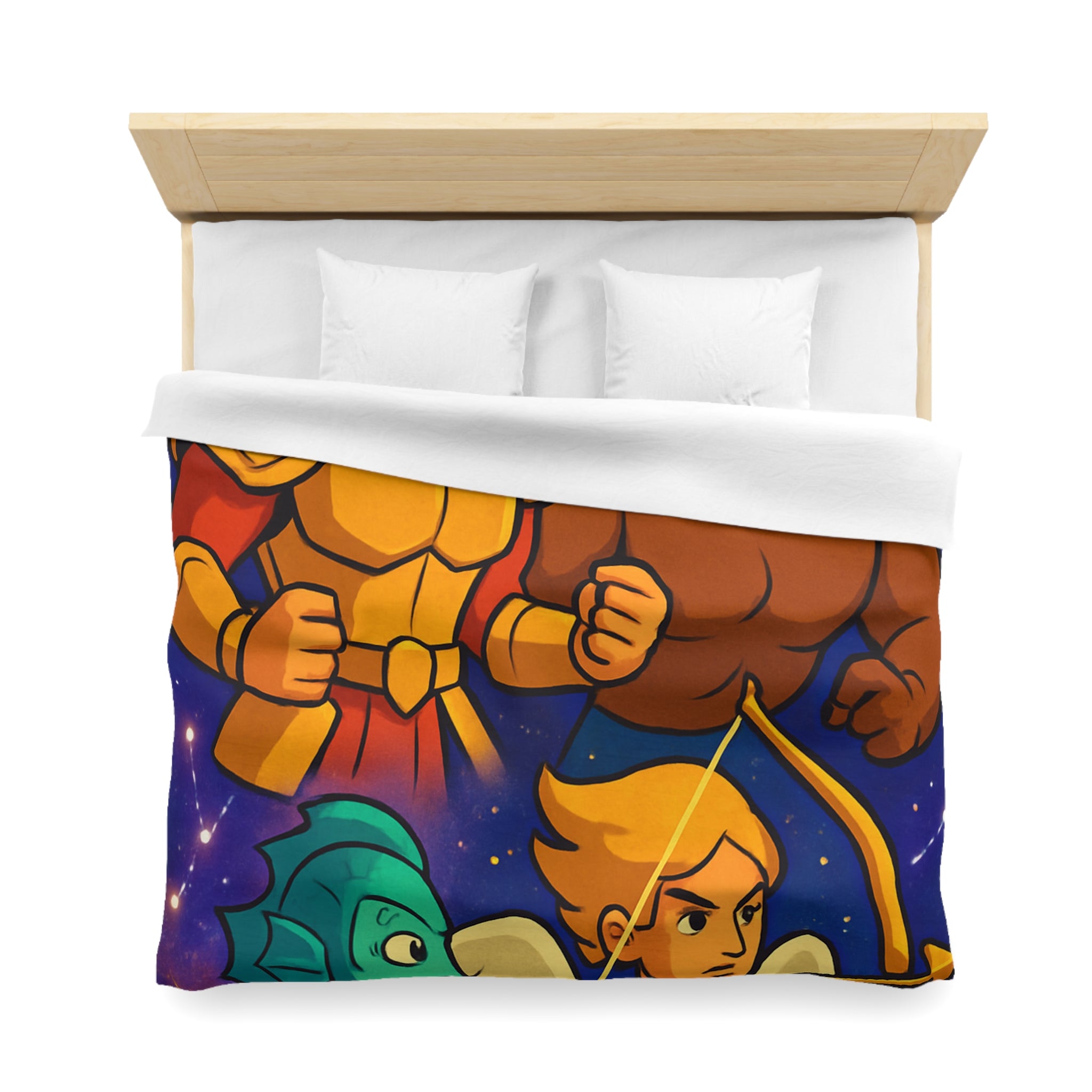 Housse de couette zodiaque illustrée avec chevalier, taureau, ange et créature marine