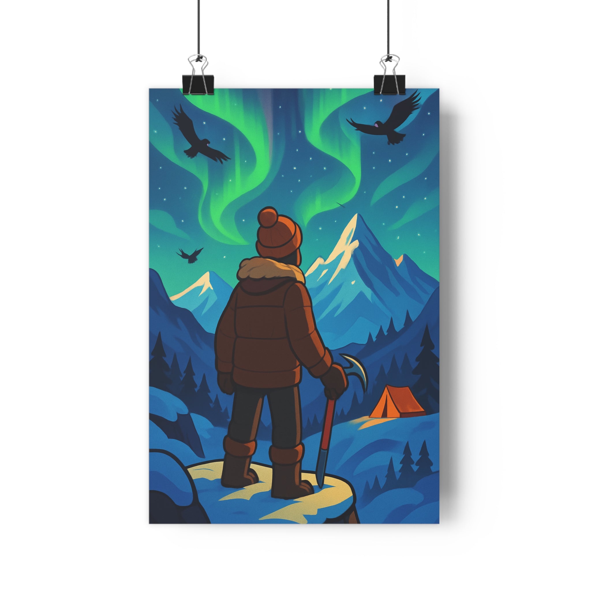 Poster décoratif aventure montagne enneigée lumineux bleu vert mystique cartoon chambre salon bureau qualité