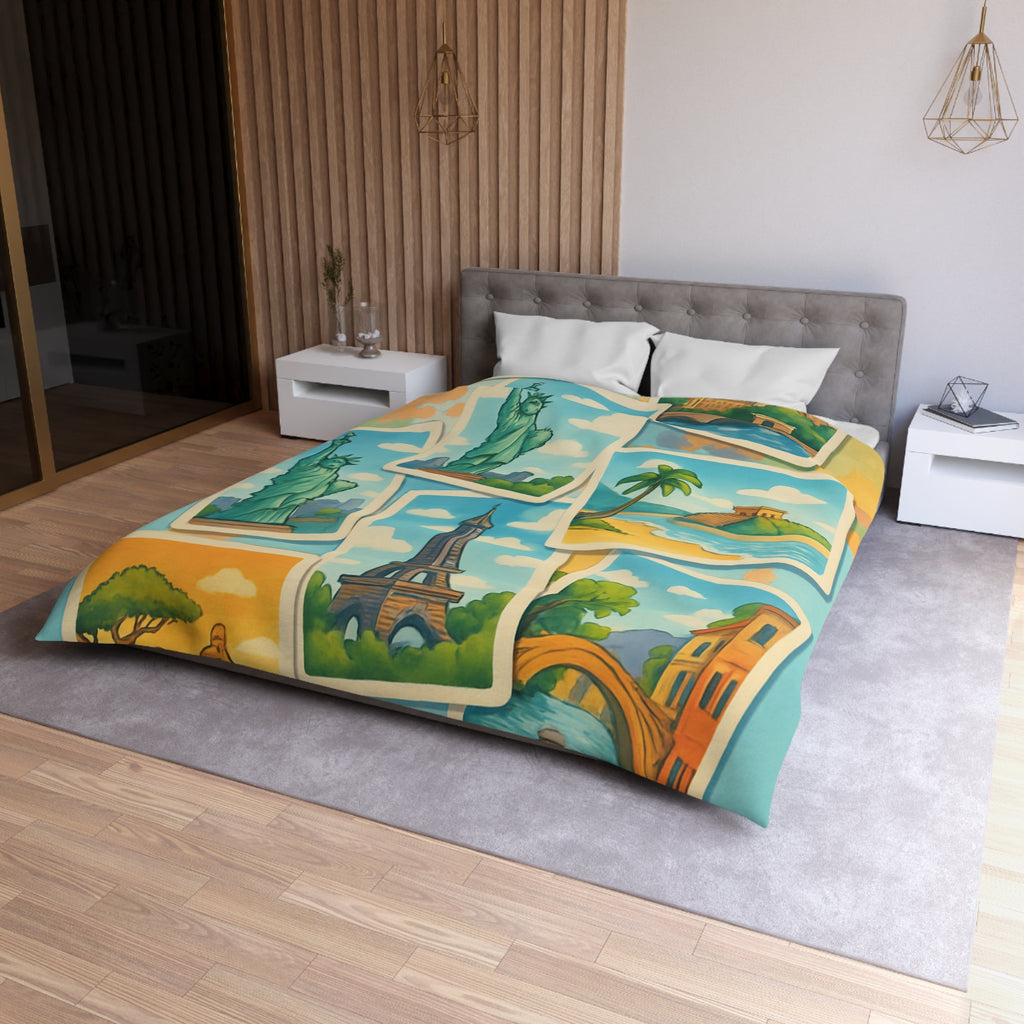 Voyage Mondial Coloré: Housse de Couette avec Monuments et Paysages Iconiques des Continents