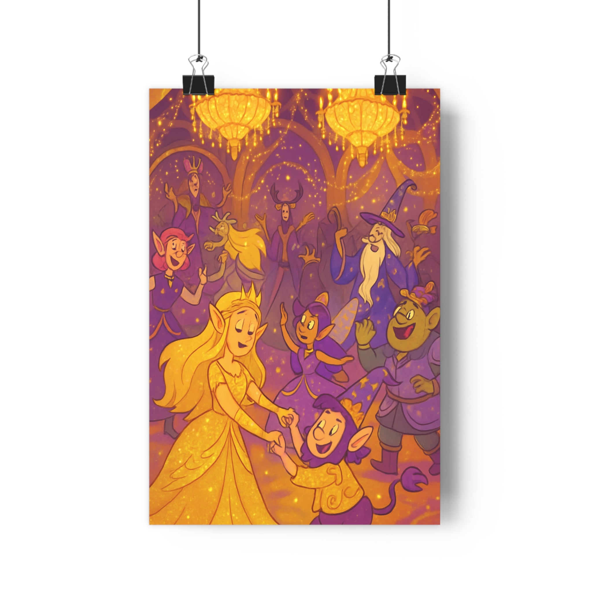 Poster décoratif féérique violet or cartoon joyeux chambre enfant magique créatures enchantement 30x46 cm