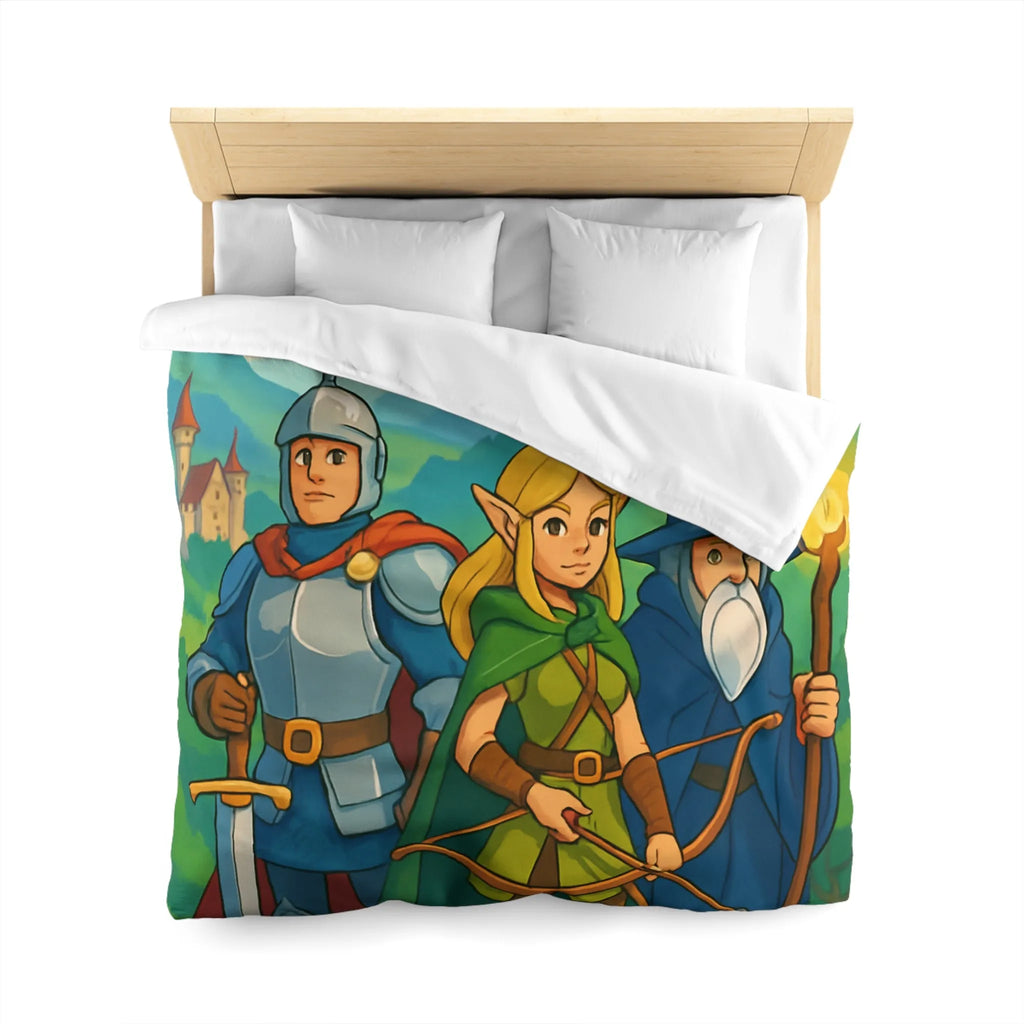Housse de Couette Fantasy avec Chevalier, Archer Elf, Magicien, Château et Dragons