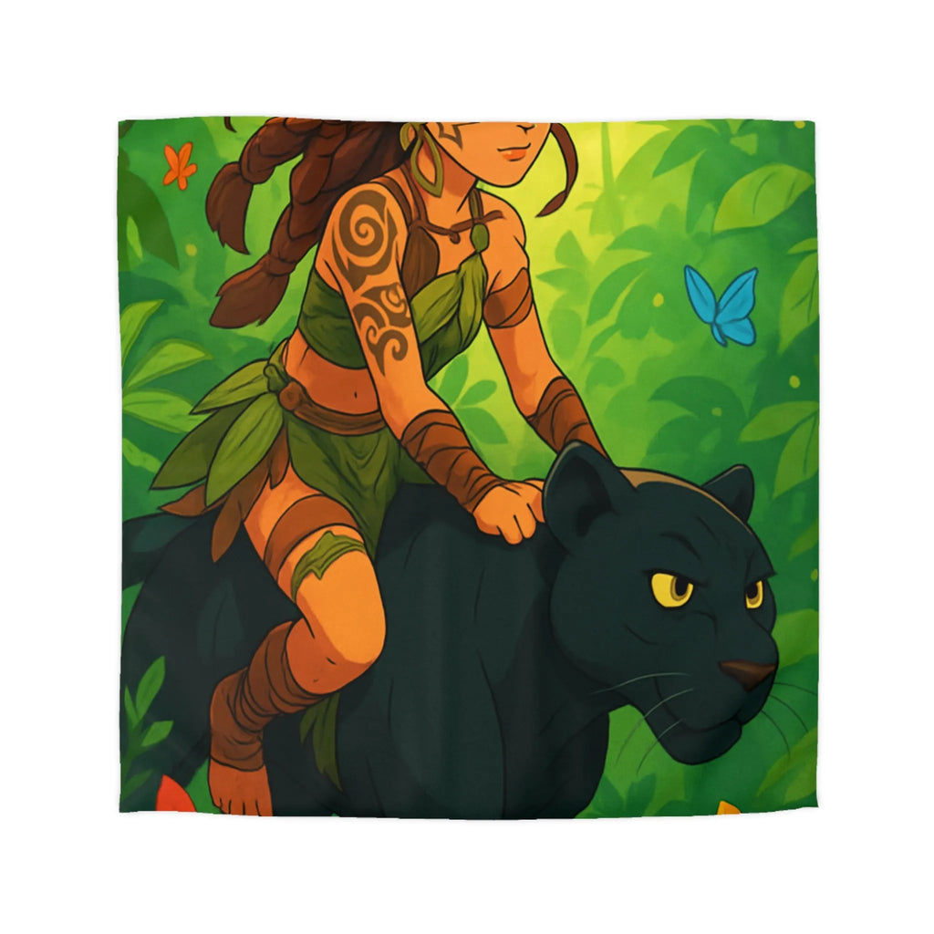 Housse de couette jungle avec fille guerrière et panthère noire pour chambre colorée