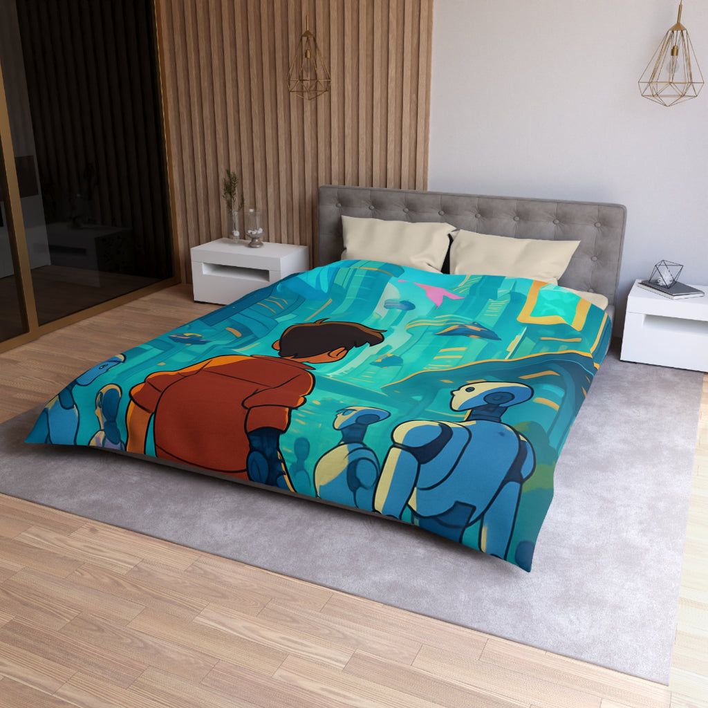 Housse de couette urbaine futuriste avec robots et affiches lumineuses pour chambre moderne