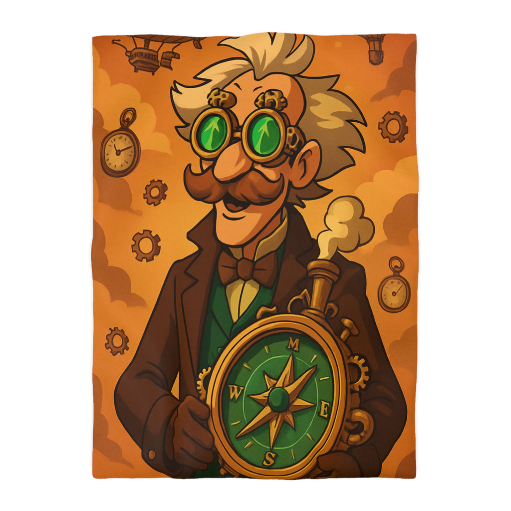 Housse de Couette Steampunk Vintage avec Boussole, Savant et Montgolfières sur Fond Sépia