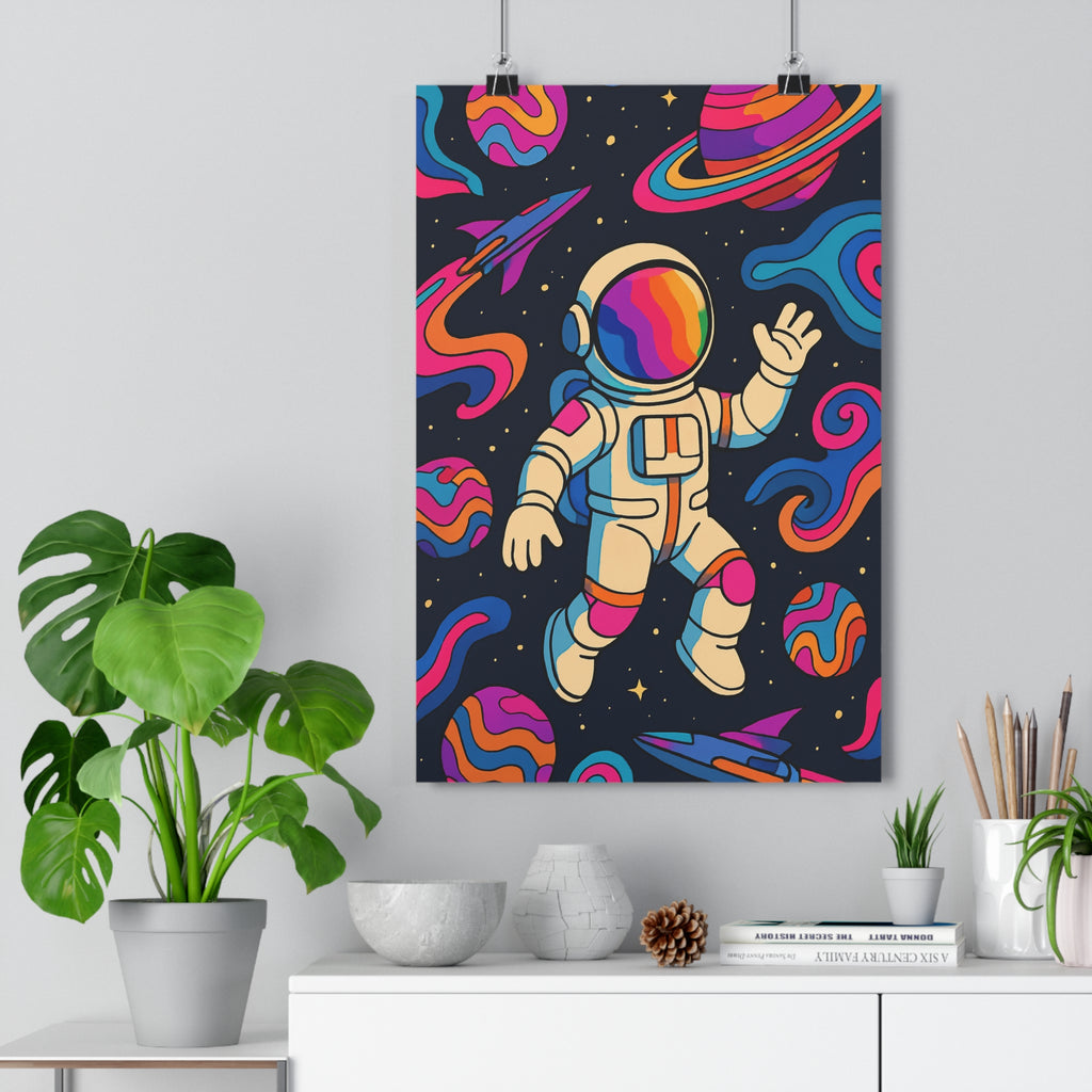 Poster décoratif astronaute néon rose bleu espace rétrofuturiste animé chambre bureau ambiance dynamique qualité
