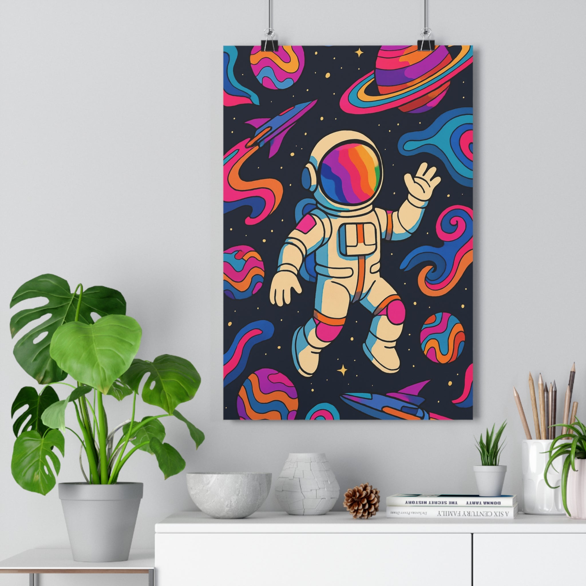 Poster décoratif astronaute néon rose bleu espace rétrofuturiste animé chambre bureau ambiance dynamique qualité