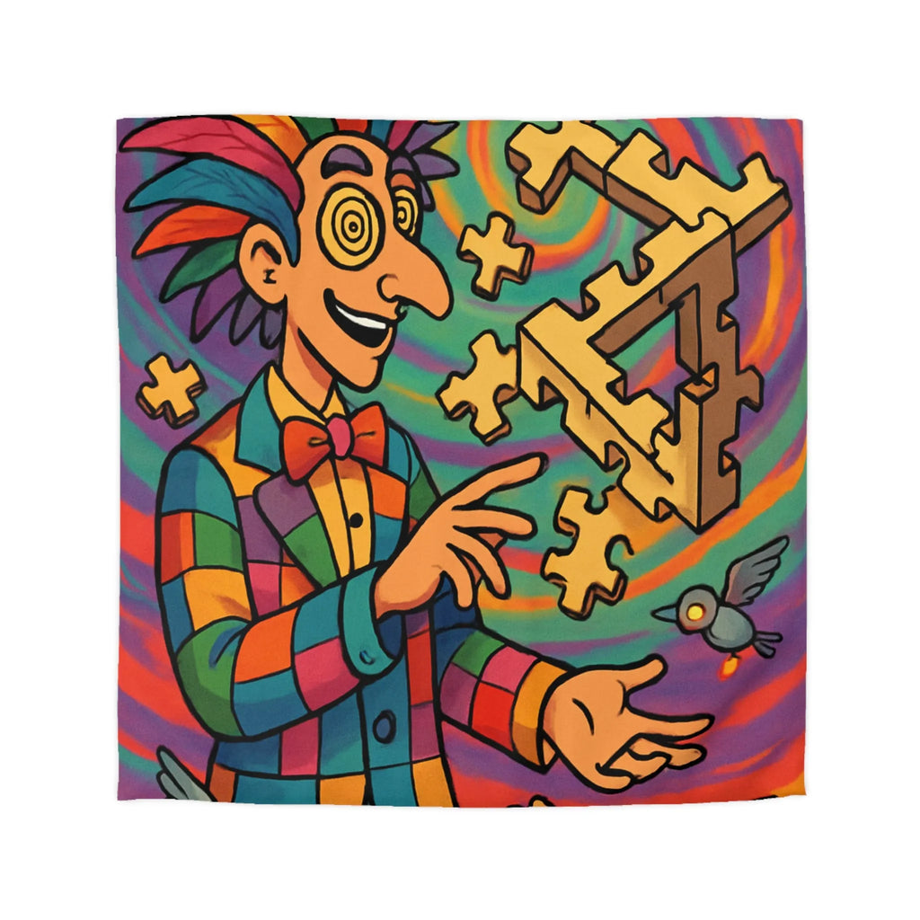 Housse de couette colorée avec illusion d'optique géométrique et motif de clown vibrant