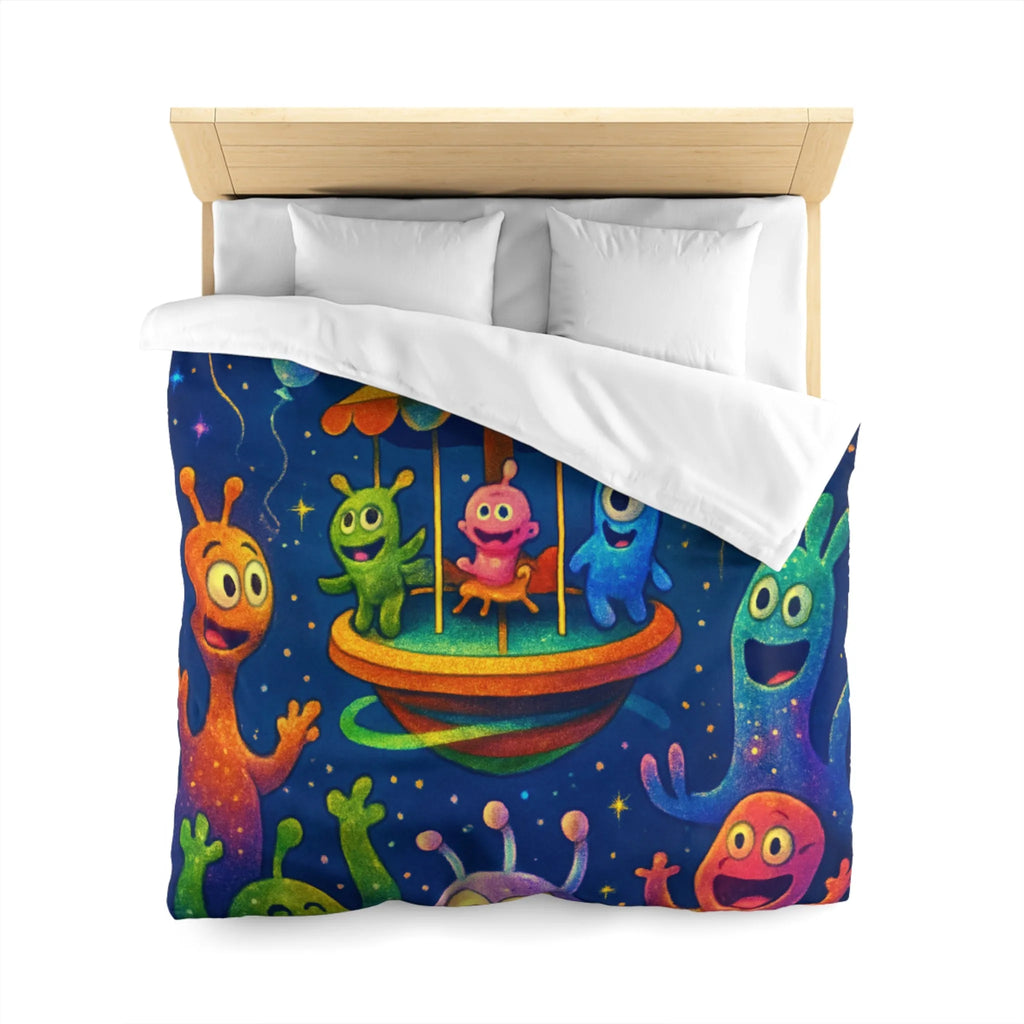 Housse de couette aux créatures extraterrestres colorées sous feux d'artifice et ballons colorés