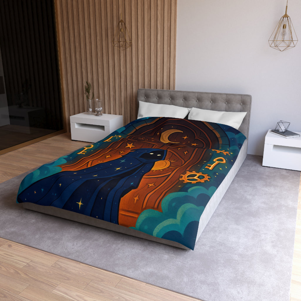 Housse de couette mystique avec capuche étoilée, porte magique et clés dorées