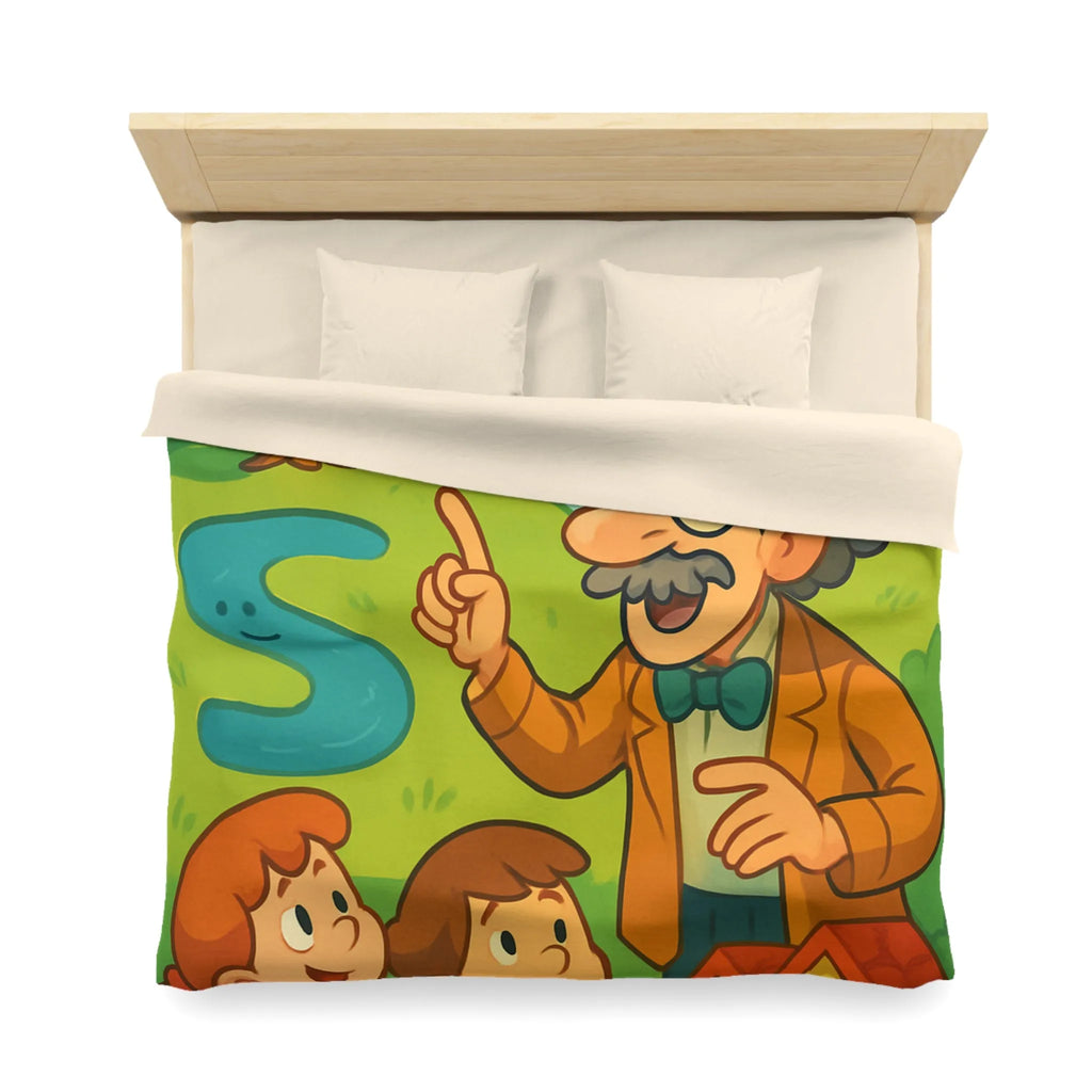 Housse de couette colorée avec un professeur et enfants dans un paysage enchanteur