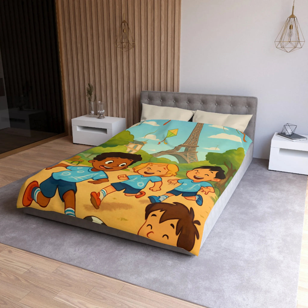 Housse de couette enfant avec tour iconique et cerfs-volants colorés en arrière-plan