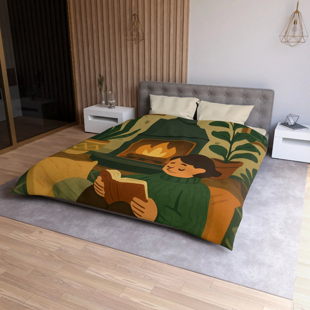 Housse de couette cosy avec cheminée et ambiance hygge, style scandinave relaxant