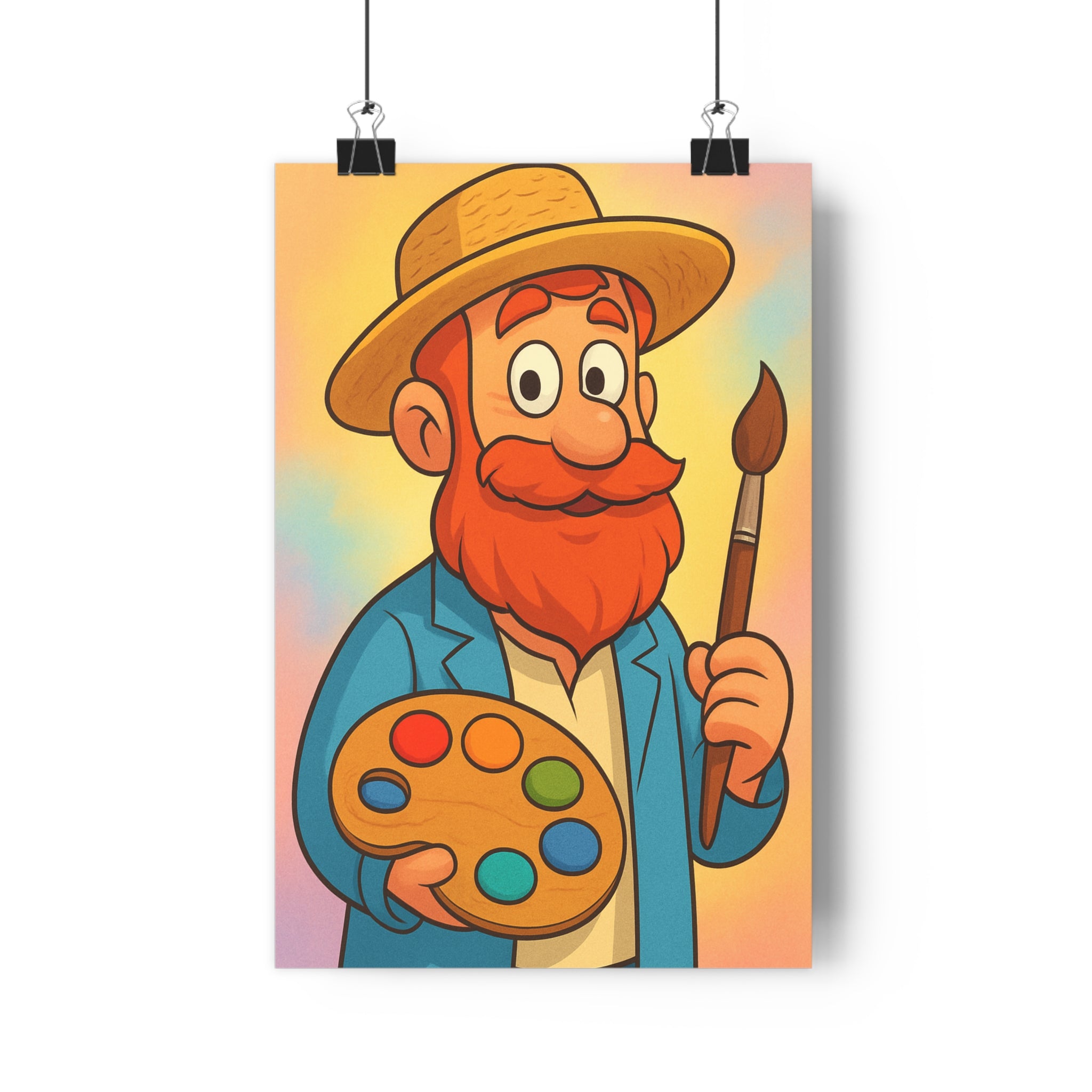 Poster décoratif cartoon artiste barbe rousse chapeau paille peinture salon couleurs joyeuses enfant qualité