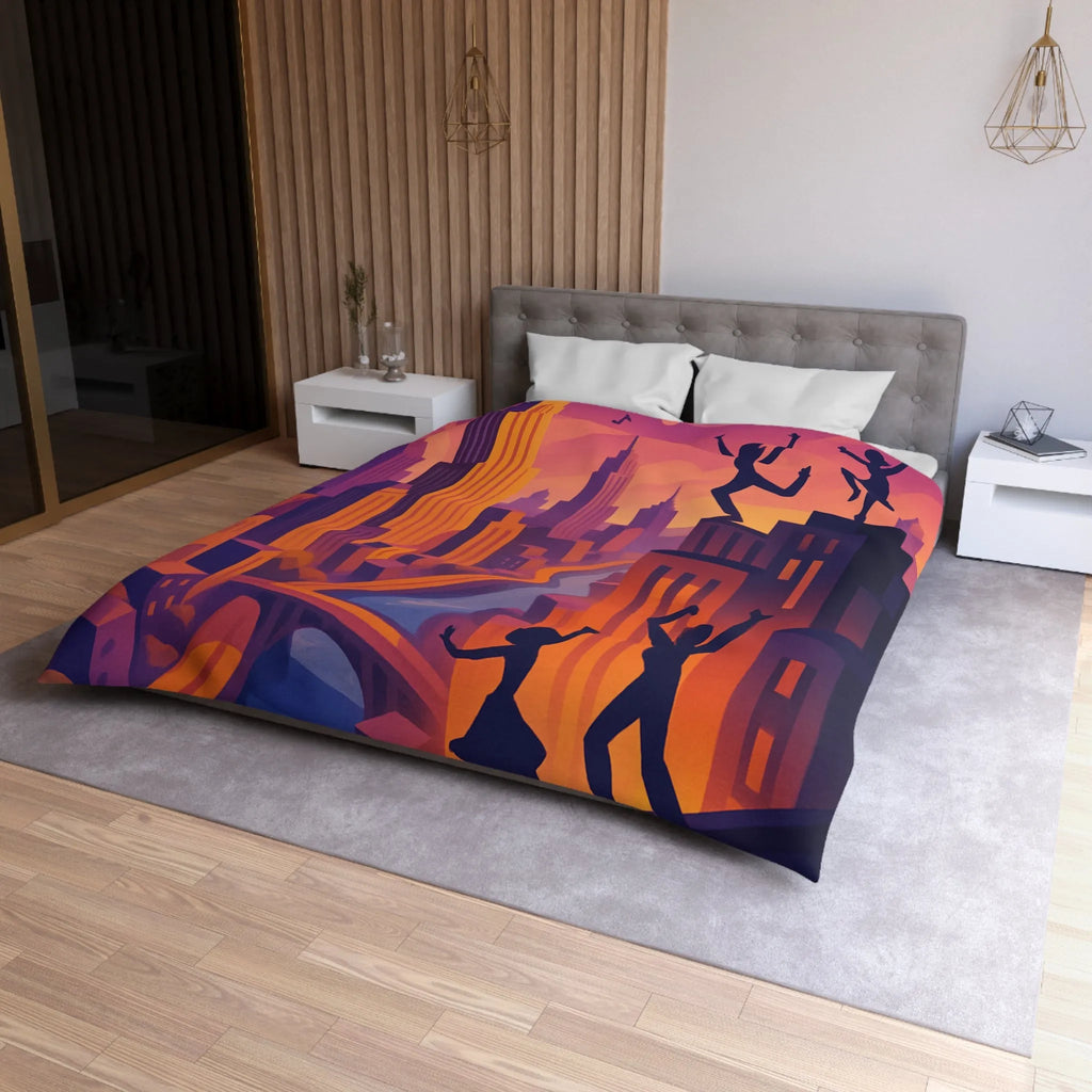 Housse de Couette avec Danseurs et Ville au Coucher de Soleil, Tonalités Vibrantes
