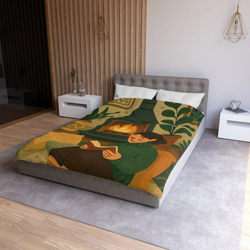 Housse de couette cosy avec cheminée et ambiance hygge, style scandinave relaxant