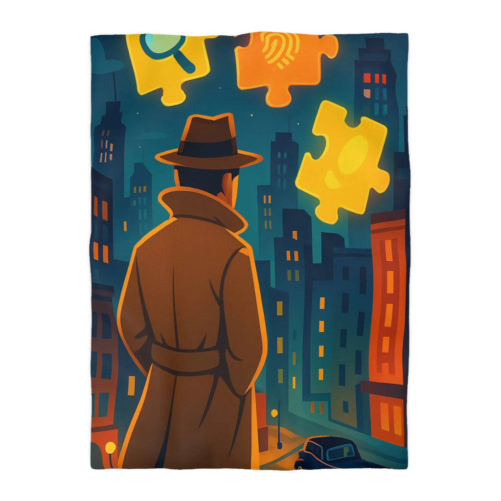 Enquête urbaine rétro avec puzzle lumineux sur housse de couette style détective nocturne